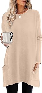 Womens Tunic Tops Long Sleeve Crew Neck High Low Hem Loose Fit Shirts Blouses with Pockets