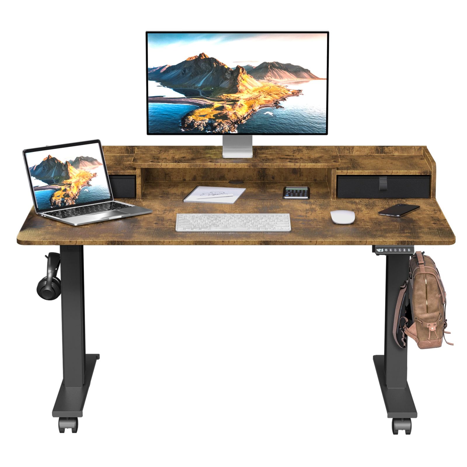 Photo 1 of 48×30 Inch Electric Standing Desk with 2 Drawers, Adjustable Height Widened Stand Up Desk with Storage Shelf, Sit to Stand Ergonomic Workstation for Home Office 48*30 inch Rustic Brown