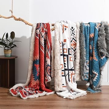 Luxury Plush Faux Fur Throw Blanket with Aztec Pattern, Super Warm, Fuzzy, Elegant, Fluffy Decoration Blanket for Couch, Armchair, Sofa and Bed, 50''x 60'', Cream
