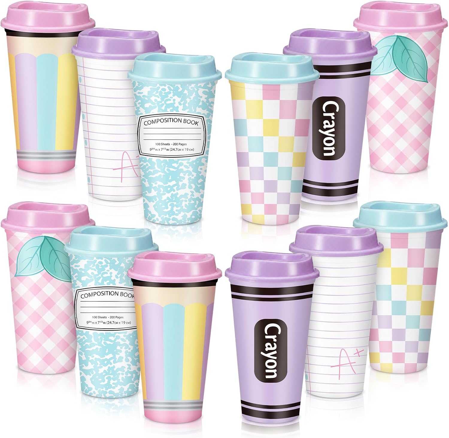 12 Pcs Back to School Plastic Cups with Lids 16 oz Reusable Pastel Gift Tumbler for Teacher Students Employee Appreciation Bulk Iced Coffee Drinking Cup for Coworker Staff Birthday Party