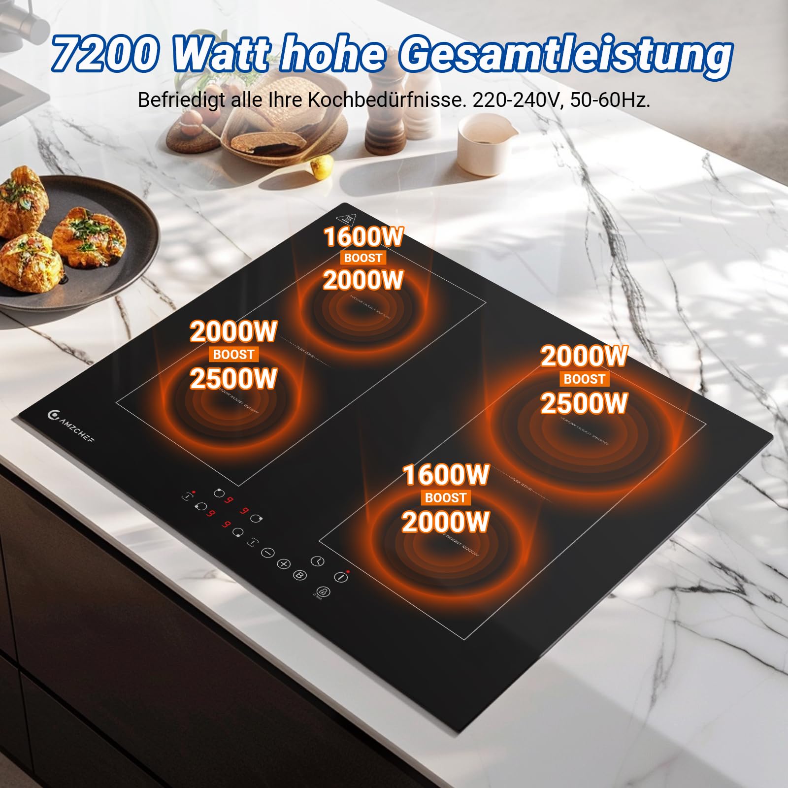 AMZCHEF Induktionskochfeld 60cm mit Zwei Flexzonen, 4 Zonen Induktionskochplatte mit Boost-Funktion und 9 Leistungsstufen, Touch-Bedienung, Timer, Sicherheitsschloss, Überhitzungsschutz, BBQ, 7200W | Sicherheitsverriegelung, automatische Abschaltung, Prot