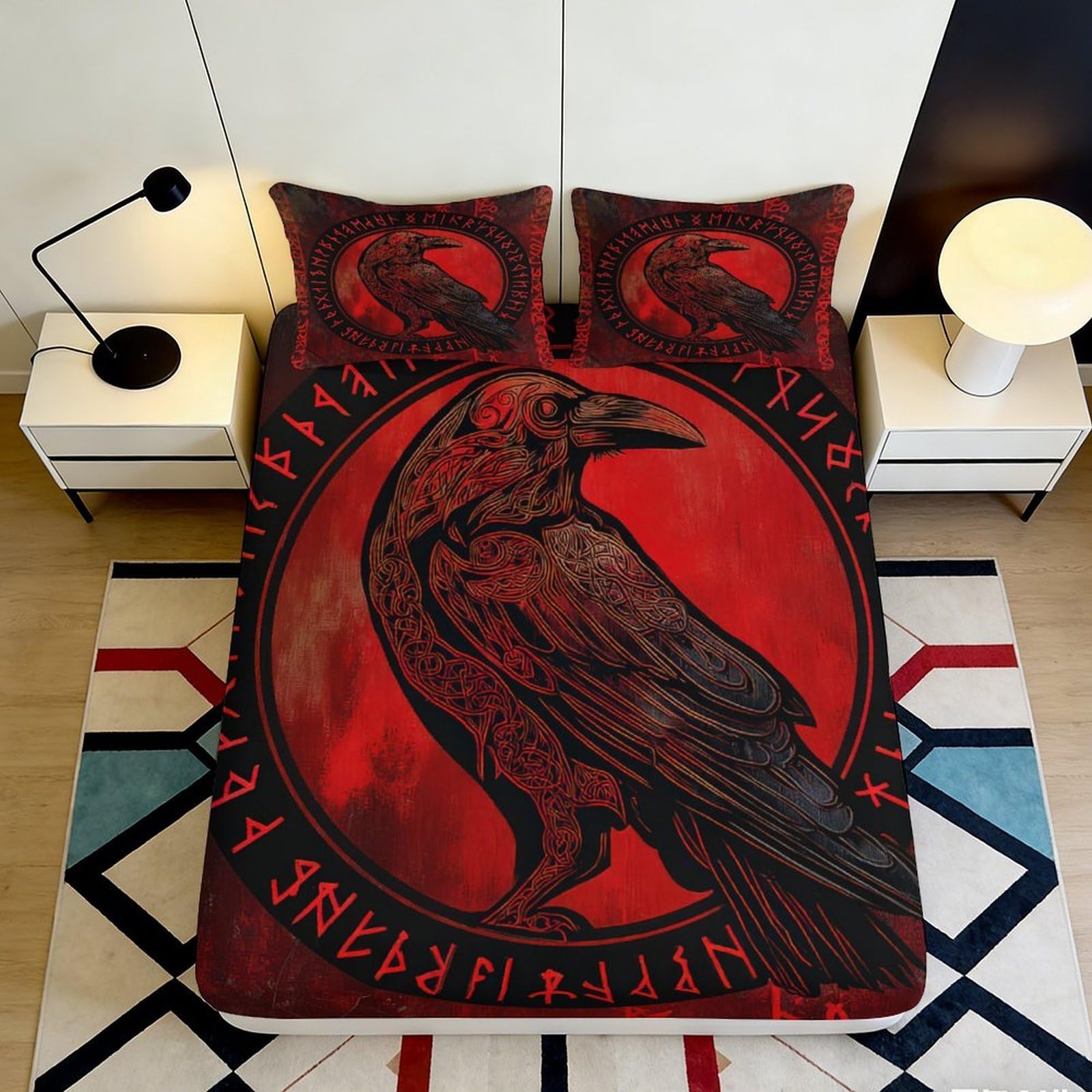 Jqzkxnhpbr Style-4 3D Printed Gothic Raven Fitted Sheet Microfiber Soft Red Black Bed Cover For Bedroom Guest Room Mattress Protection Decor 90X200x25cm