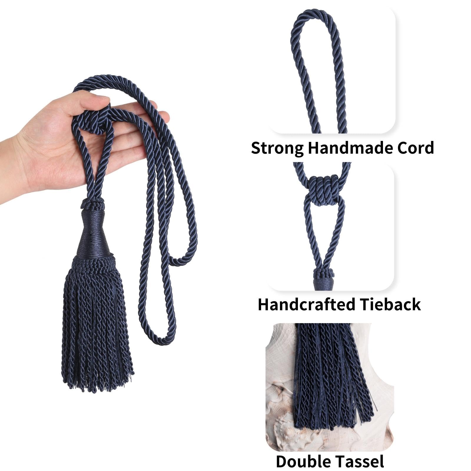 BEL AVENIR Lot de 4 embrasses de rideaux à pompons modernes en corde pour rideaux de fenêtre – Embrasses décoratives élégantes pour l'extérieur (bleu marine)