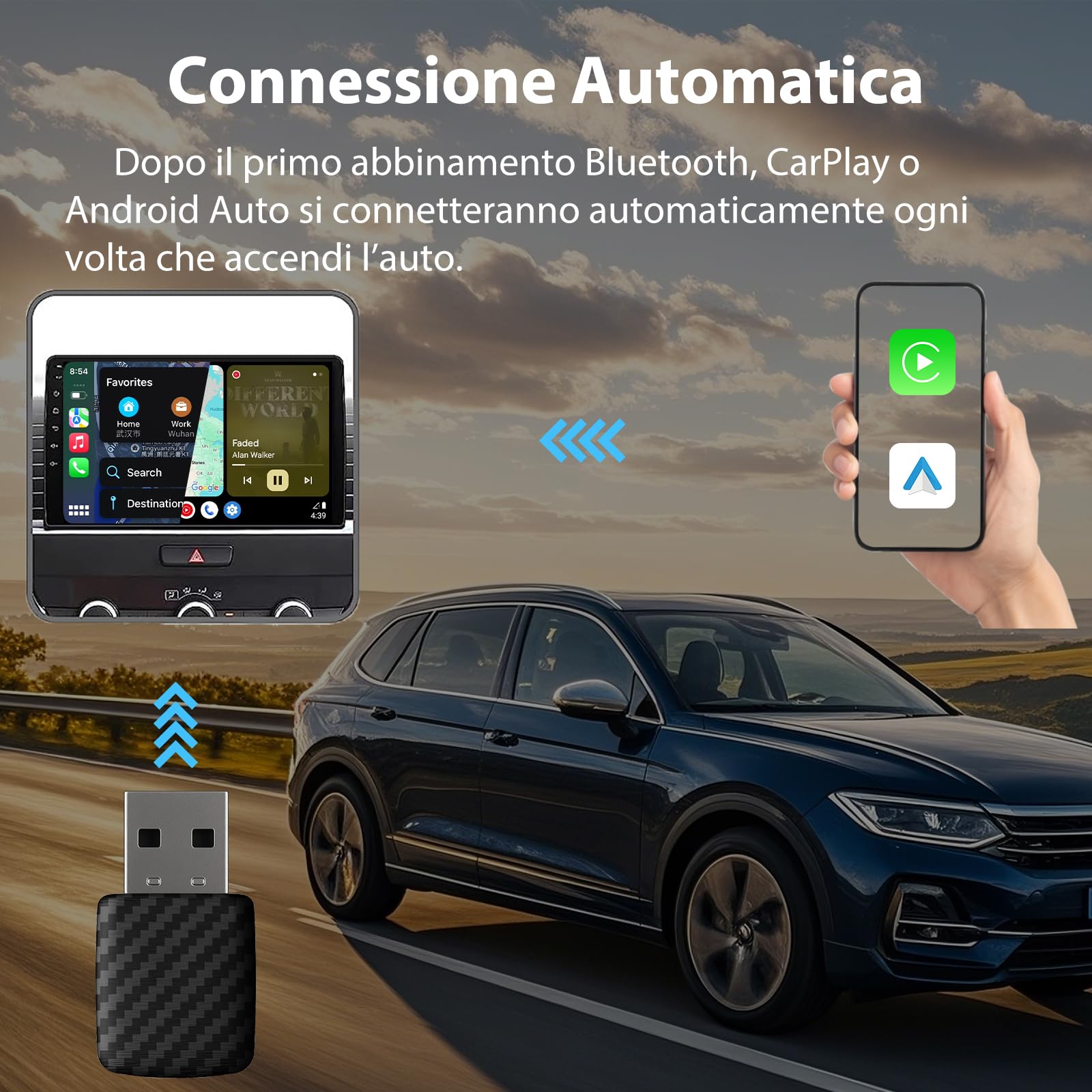 Sunweyer Wireless CarPlay Android Auto Dongle 2 IN 1 Adattatore Cablato a Wireless Mini S28