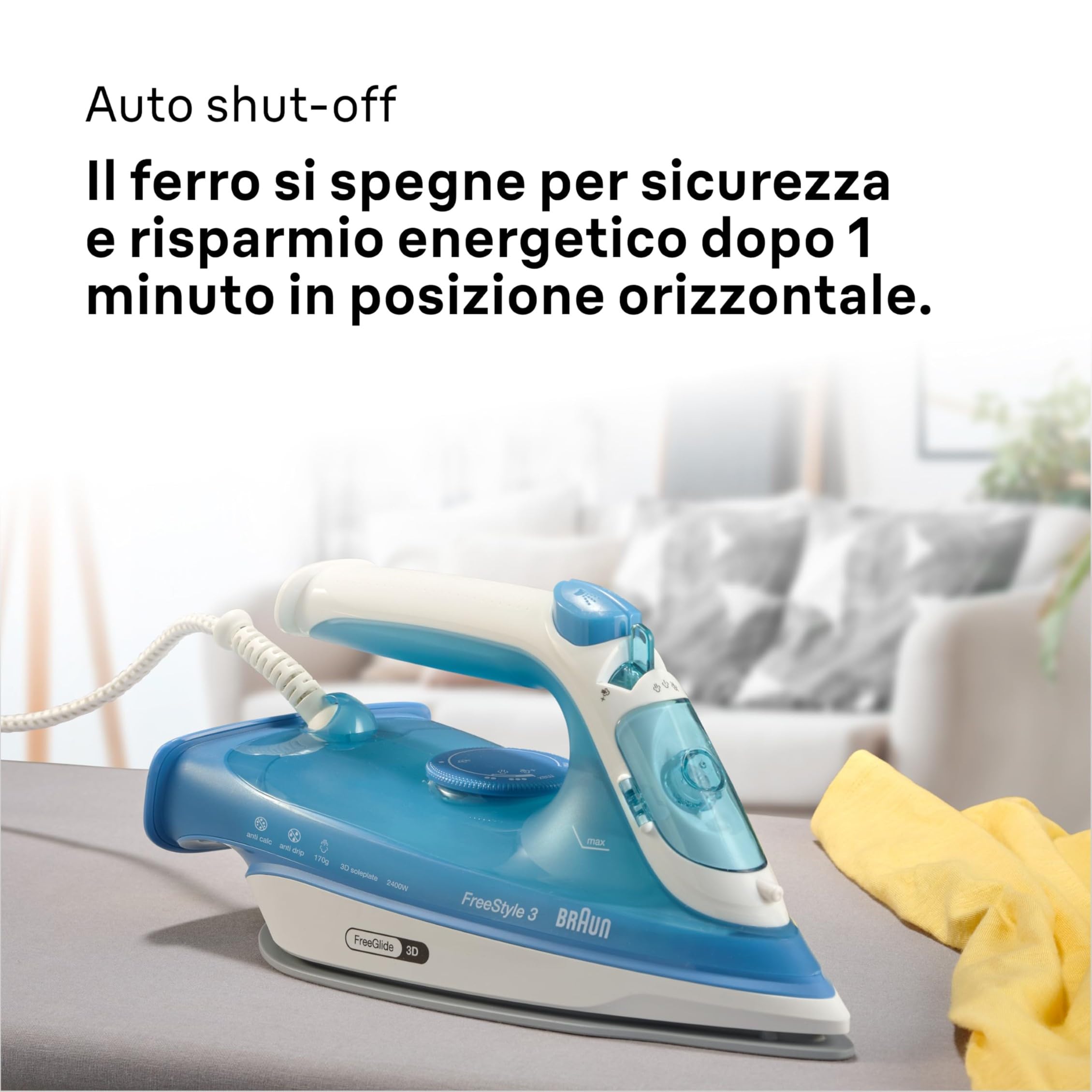 Braun FreeStyle3 FI3144BL Ferro da Stiro con 5 Anni di Assistenza, Risparmio Energetico, Tecnologia FreeGlide 3D, vapore 170g/min, AutoSpegnimento, Serbatoio acqua 270ml, 2400W,manico aperto, Blu