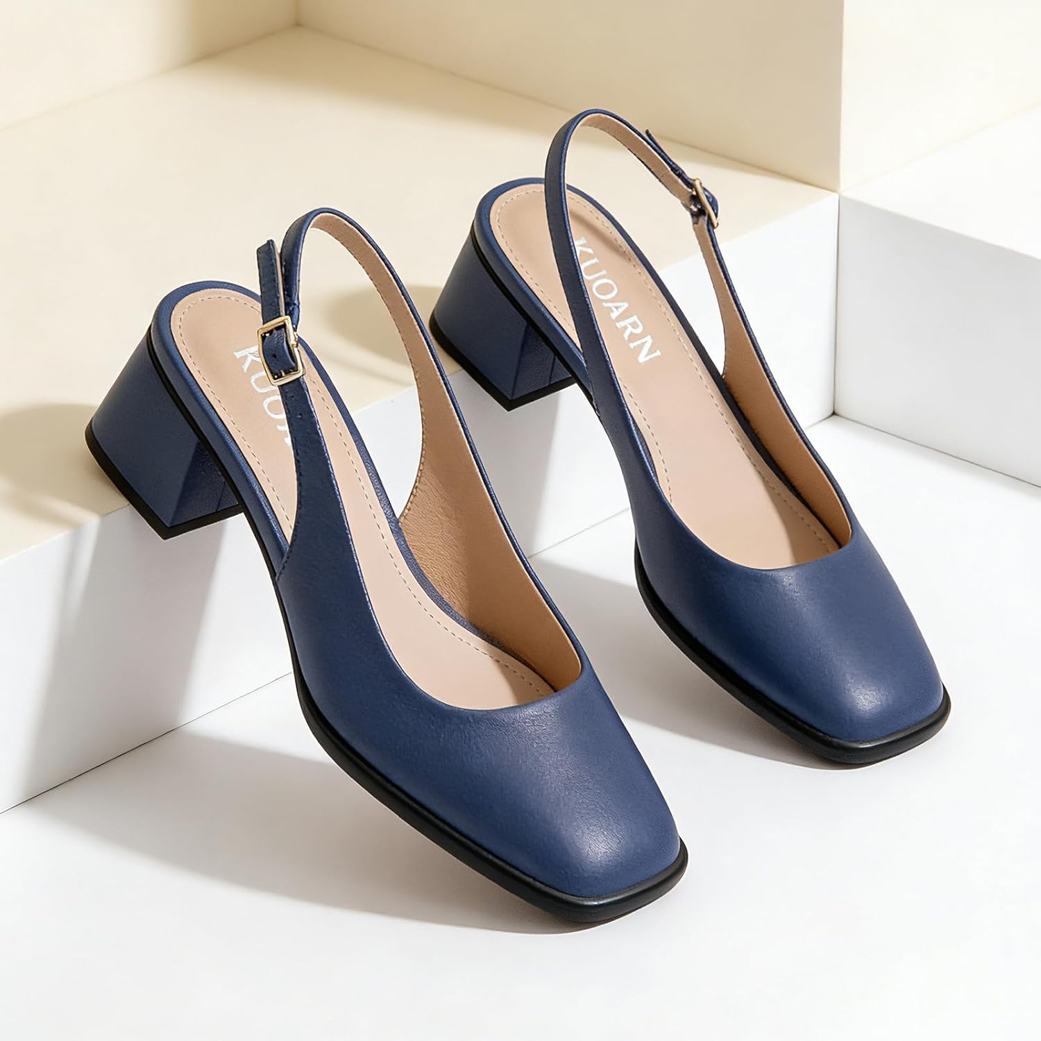 KUOARN Chunky Heels for Women Black Slingback Pumps,2.3 Inch Block Heels Closed Square Toe Pumps Shoes for Work,Party - Image 4