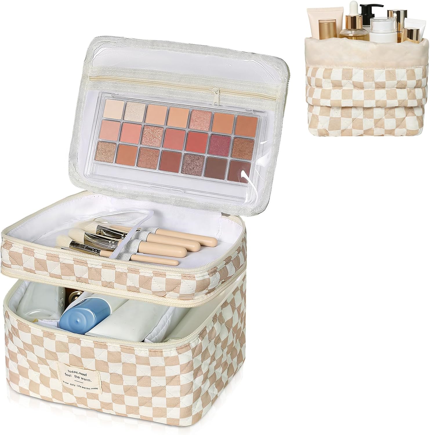 Gosect Makeup Bag, Portable Travel Make up Bag, Large Capacity Quilted Cosmetic Organizer Bag, Cute Floral Toiletry Bag for Women Girls (Pink Floral)