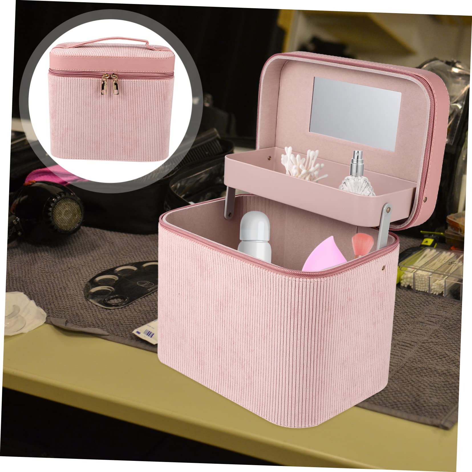 Großer Kosmetikkoffer mit Make Up Kasten mit LED Spiegel Zweilagig aus Corduroy Tragbar für Reisen und Persönliche Aufbewahrung Inklusive Spiegel