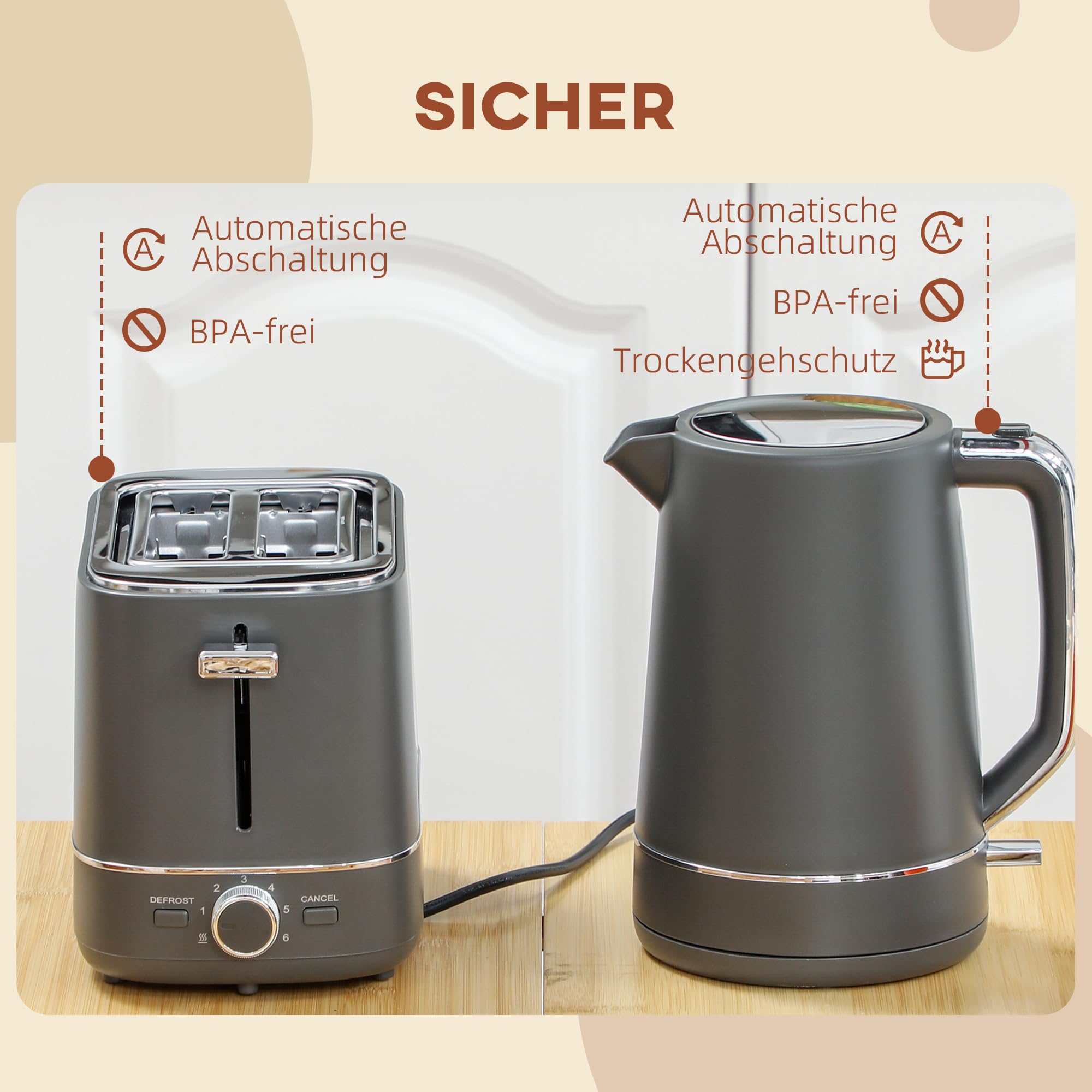 HOMCOM Set di tostapane per bollitore elettrico, 2200 W, 1,7 l, 2 fette, 6 livelli di doratura, riscaldamento e scongelamento, set per la colazione con filtro anticalcare e scomparto per briciole