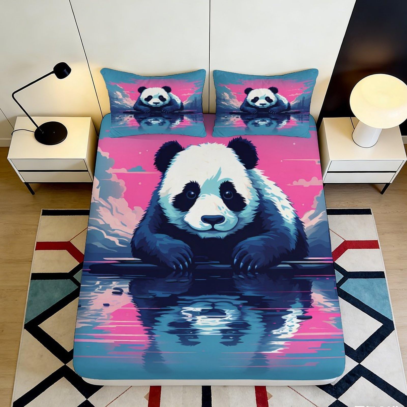 3D Printed panda Fitted Sheet, vivid animal pattern, soft touch Microfiber, wrinkle resistant, for bedroom or guest room bedding decor, easy machine washable, stylish accent, 118 chars 90x200x25cm