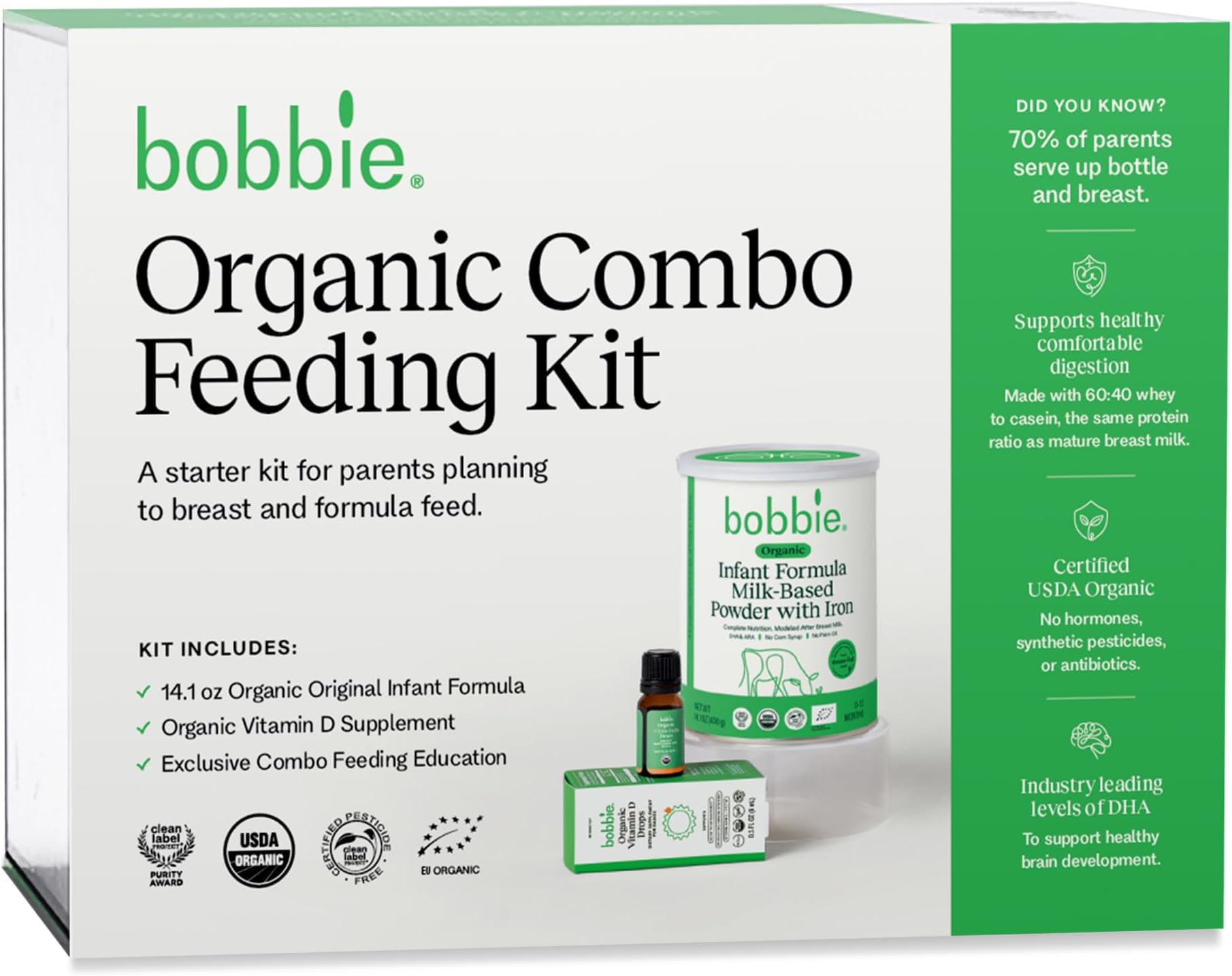 Organic Combo Feeding Kit, Baby Formula, Milk Based Powder with Iron, DHA and Vitamin D & 100% Lactose (14.1 oz), Organic Baby Vitamin D Drops 400 IU (0.3 fl oz) Newborn Baby-12 Months Old