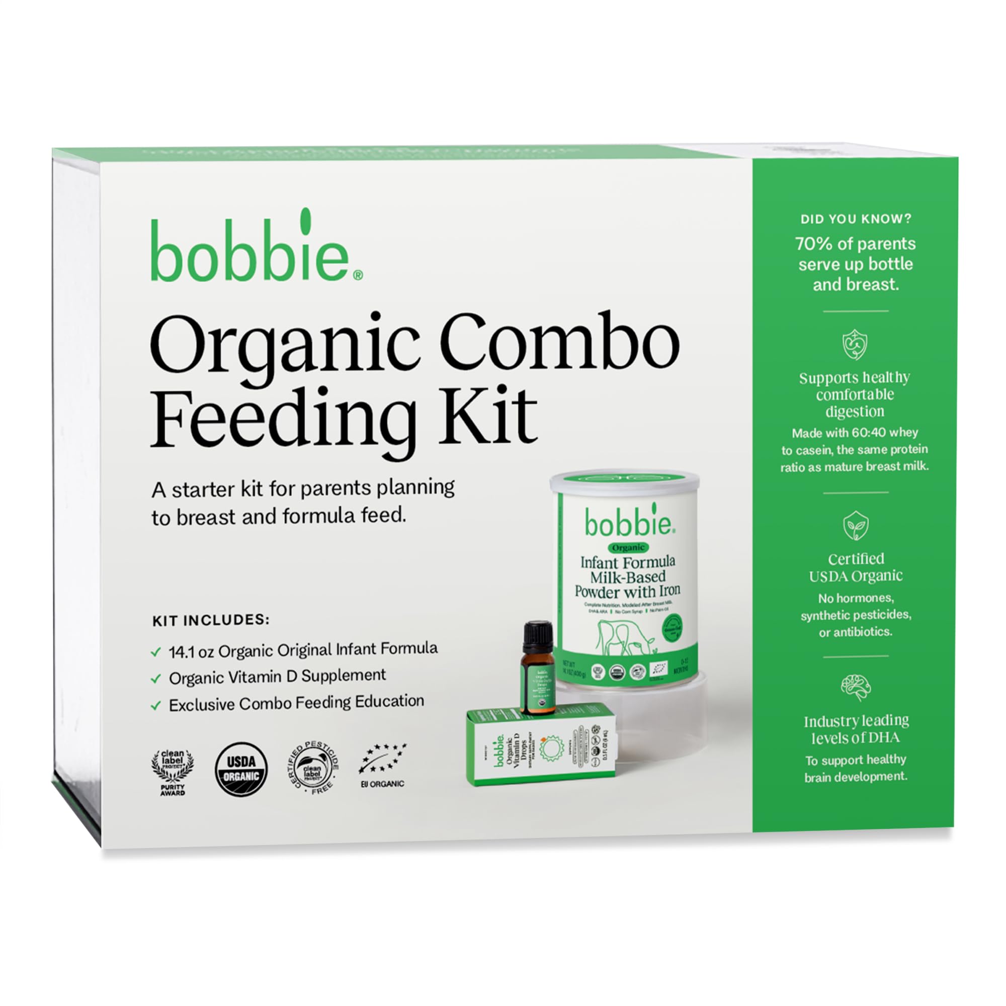 Organic Combo Feeding Kit, Baby Formula, Milk Based Powder with Iron, DHA and Vitamin D & 100% Lactose (14.1 oz), Organic Baby Vitamin D Drops 400 IU (0.3 fl oz) Newborn Baby-12 Months OldUSDA Organic