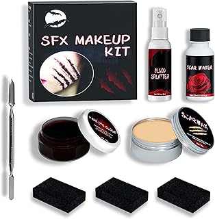 Halloween Makeup Kit SFX Fake Blood Gel and Spray Scars Wax Spatula Scar Water Stipple Sponge Fake Wound Special Effects Face Body for Halloween Party Cosplay Festival Holiday Supply Favor
