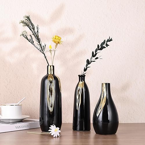 Miniatura 8 de Jarrón de cerámica de 3 piezas, jarrones dorados y negros para decoración del hogar, jarrones decorativos para chimenea, decoración de estantes y