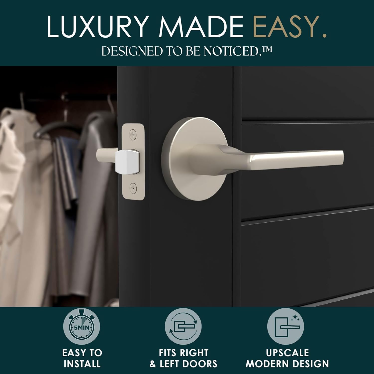 Mega Handles Ralph Passage Door Handle - 1 Pack Reversible Brushed Nickel Door Handles, No Lock Door Handles Interior for Closet & Hallway, Fits All Standard Door Sizes - Satin Nickel