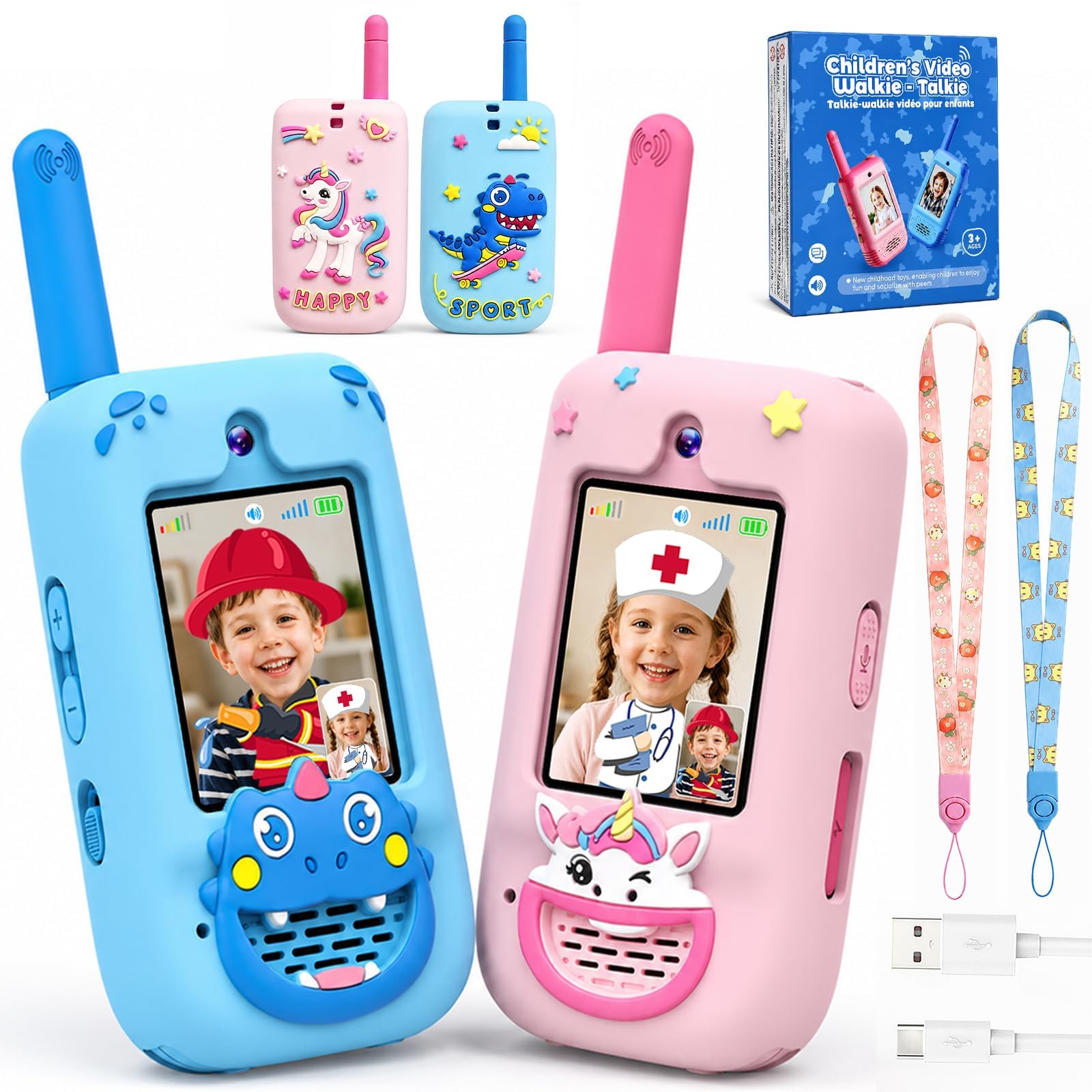 KOKODI Walkie Talkie Kinder mit Video Spielzeug für 3 4 5 6 7 Jahre Kinder | 2er Set Walky Talky Kinder Aufladbar mit Kamera, Dinosaurier & Einhorn Silikonhülle, Geschenke ab 3-9 Jahre Jungen Mädchen