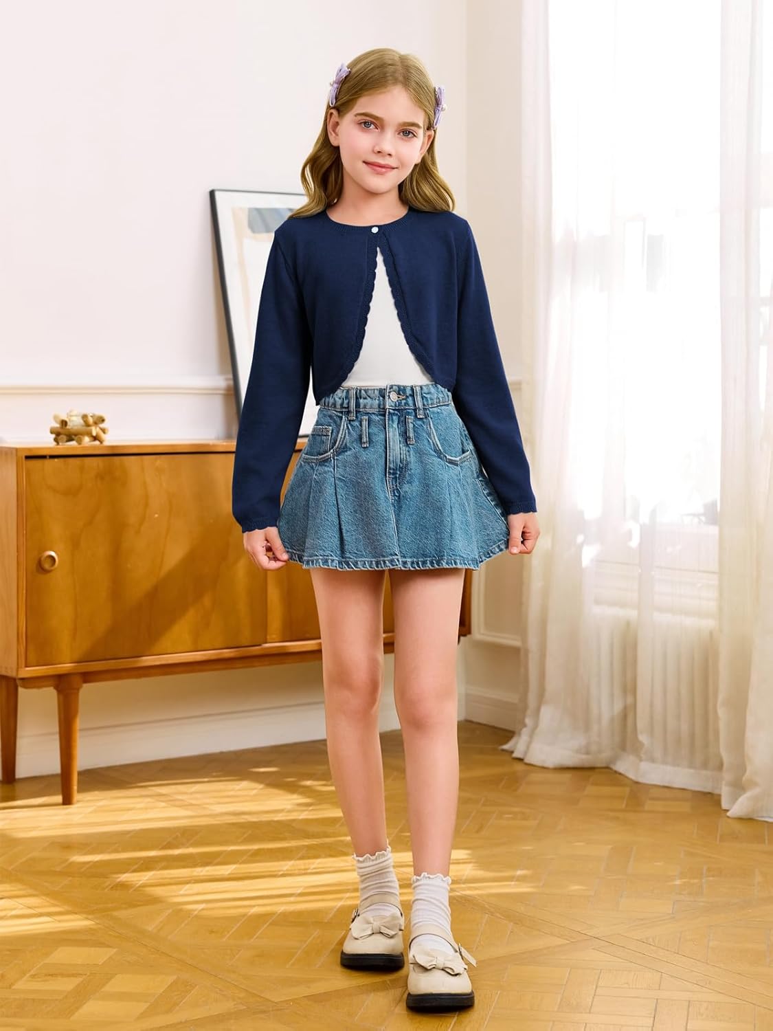 Girls Long Sleeve Bolero Cardigan Sweater Kids Cute Button Knit Shrug Cropped Sweaters Tops - Image 5