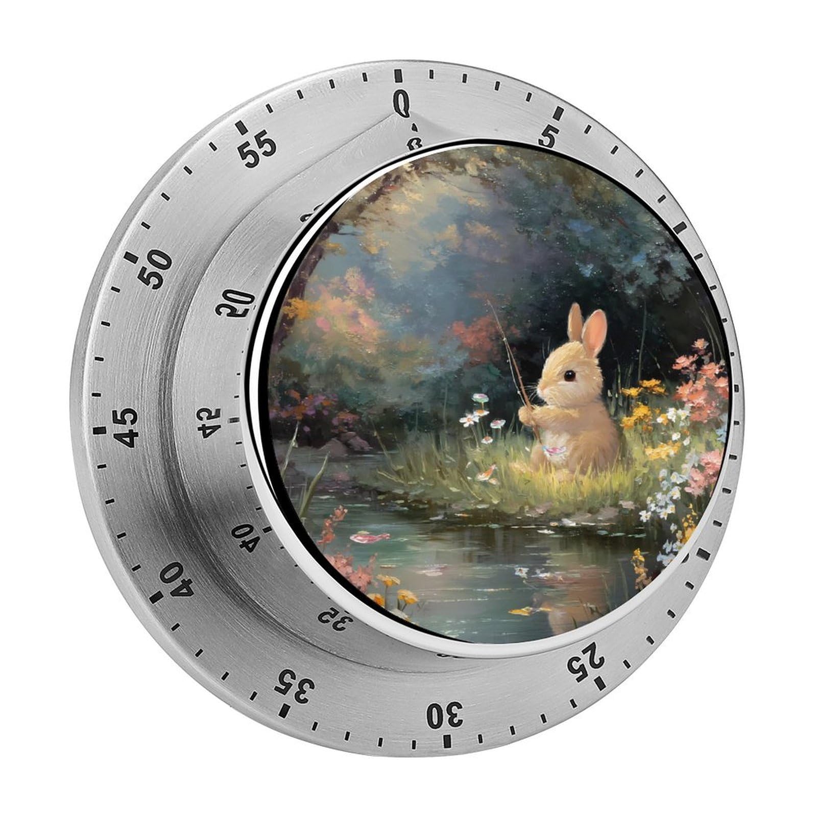 Bunny Rabbit Fishing by River Mechanical Timer with Alarm for Kitchen Cooking Productivity Stainless Steel Timers