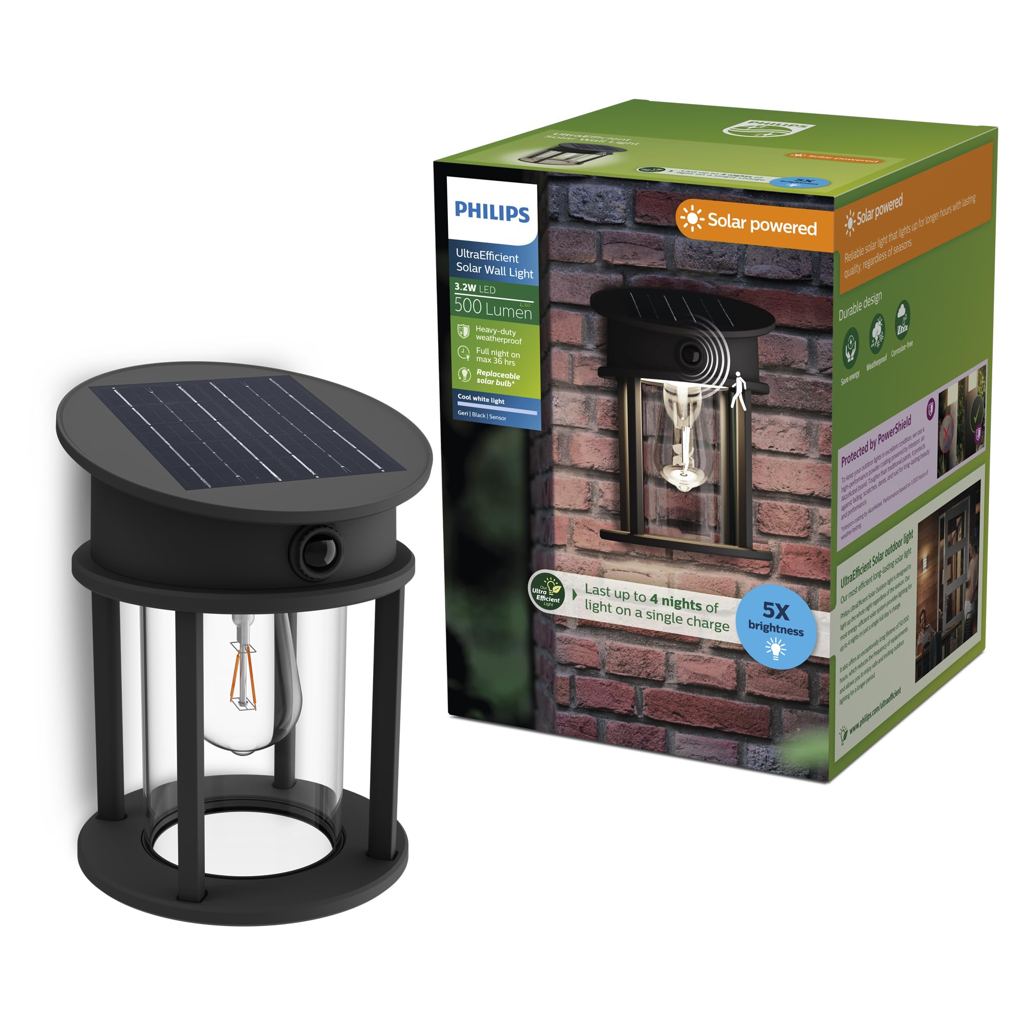 Philips Geri UltraEfficient Outdoor Solar Wall Light, Replaceable Solar Bulb, Motion Sensor, 4000K, Round, Black โ image 1