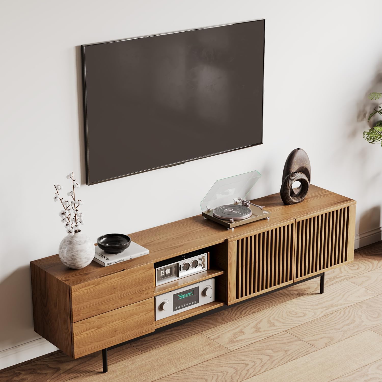 POVISON Modern Media Console with Storage, 79'' Solid Wood TV Stand for 70 75+ Inch TV, Farmhouse Slatted Door Entertainment Center, Full Assembled Tall Cabinet with Metal Legs, Solid Ash Veneer