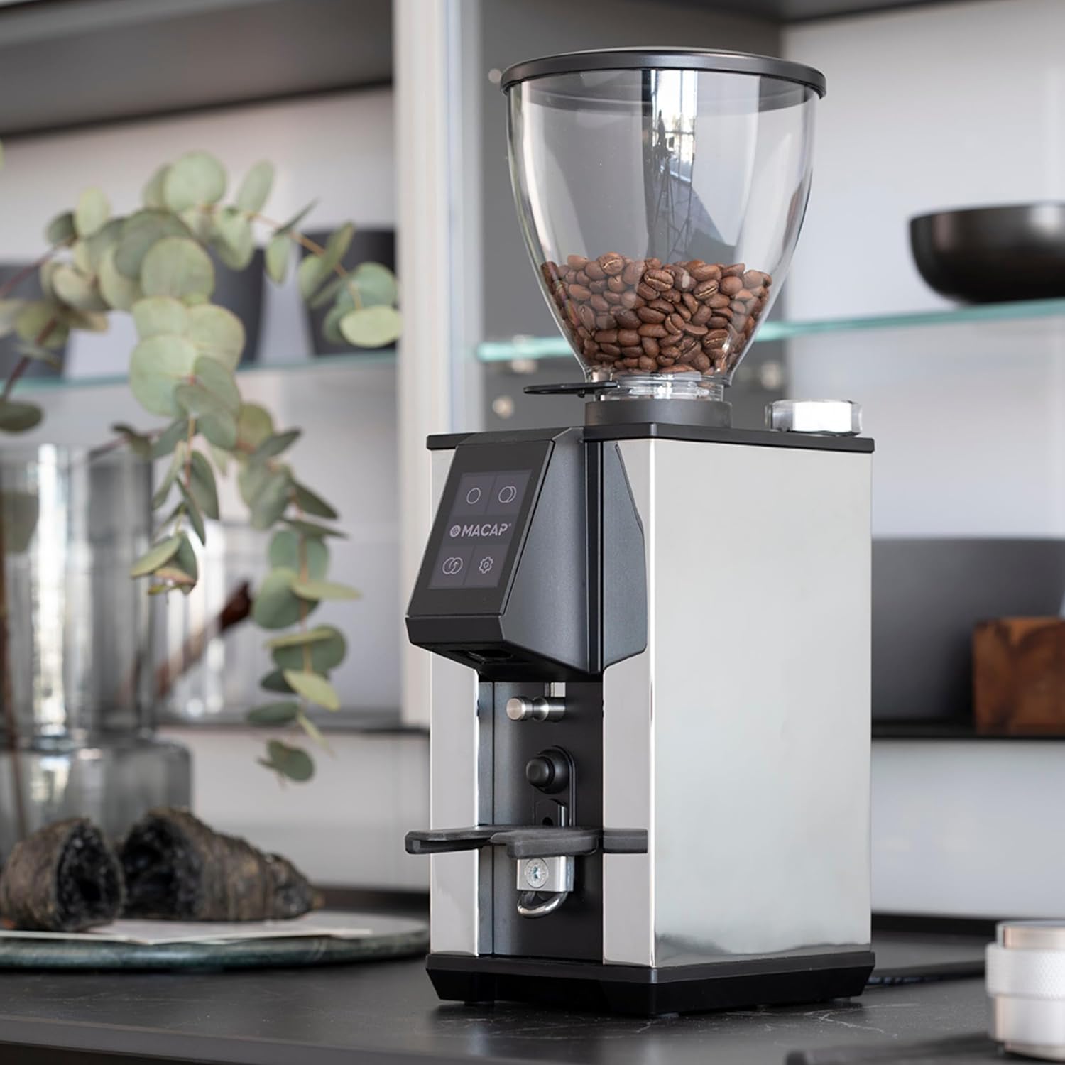 Macap LEO 55 Touch Burr Coffee Grinder with coffee beans in hopper, ready for use.