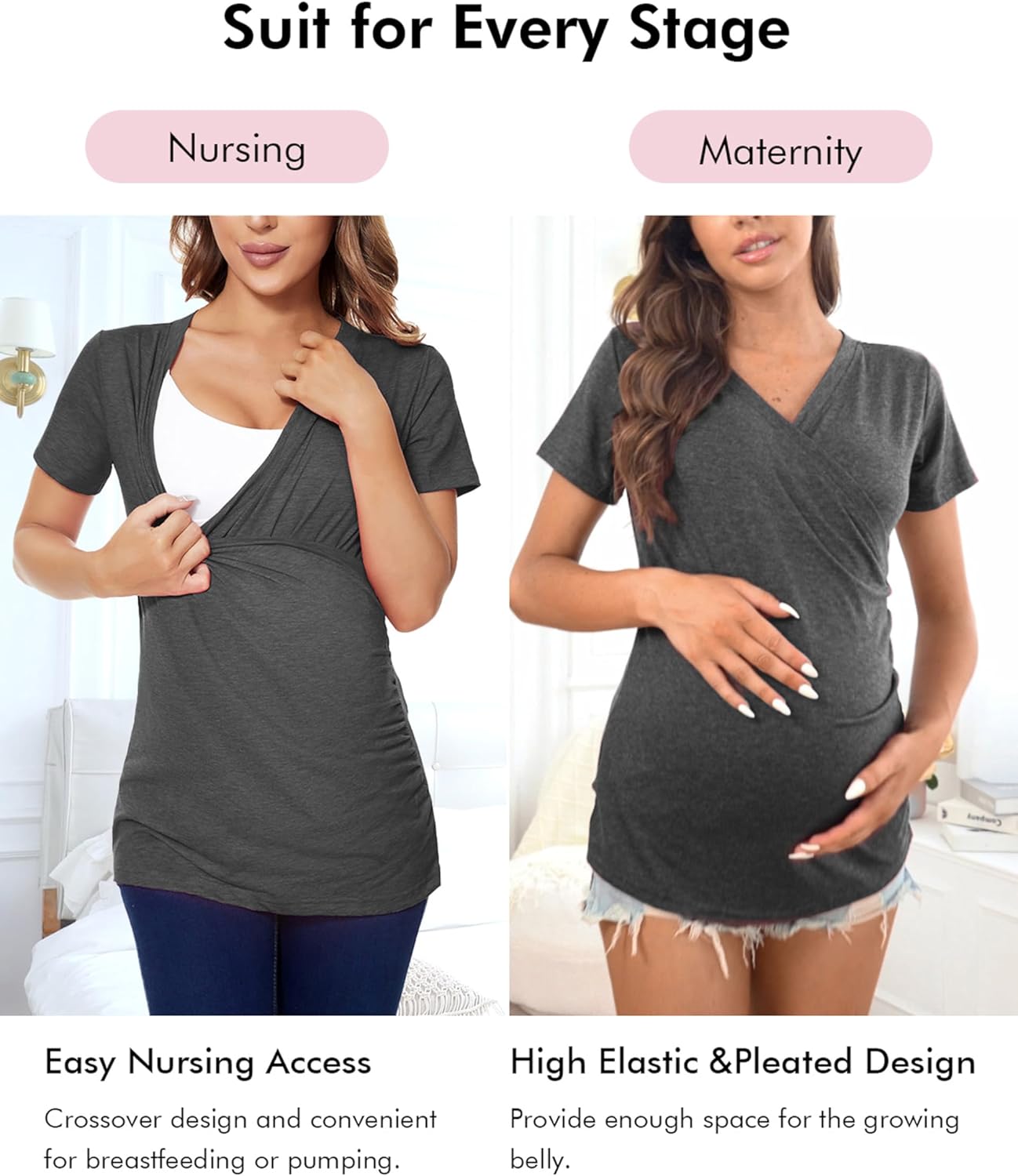 Liu & Qu Womens Maternity Nursing Tops Short Sleeve Breastfeeding Shirts Heather V Neck Clothes - Image 6