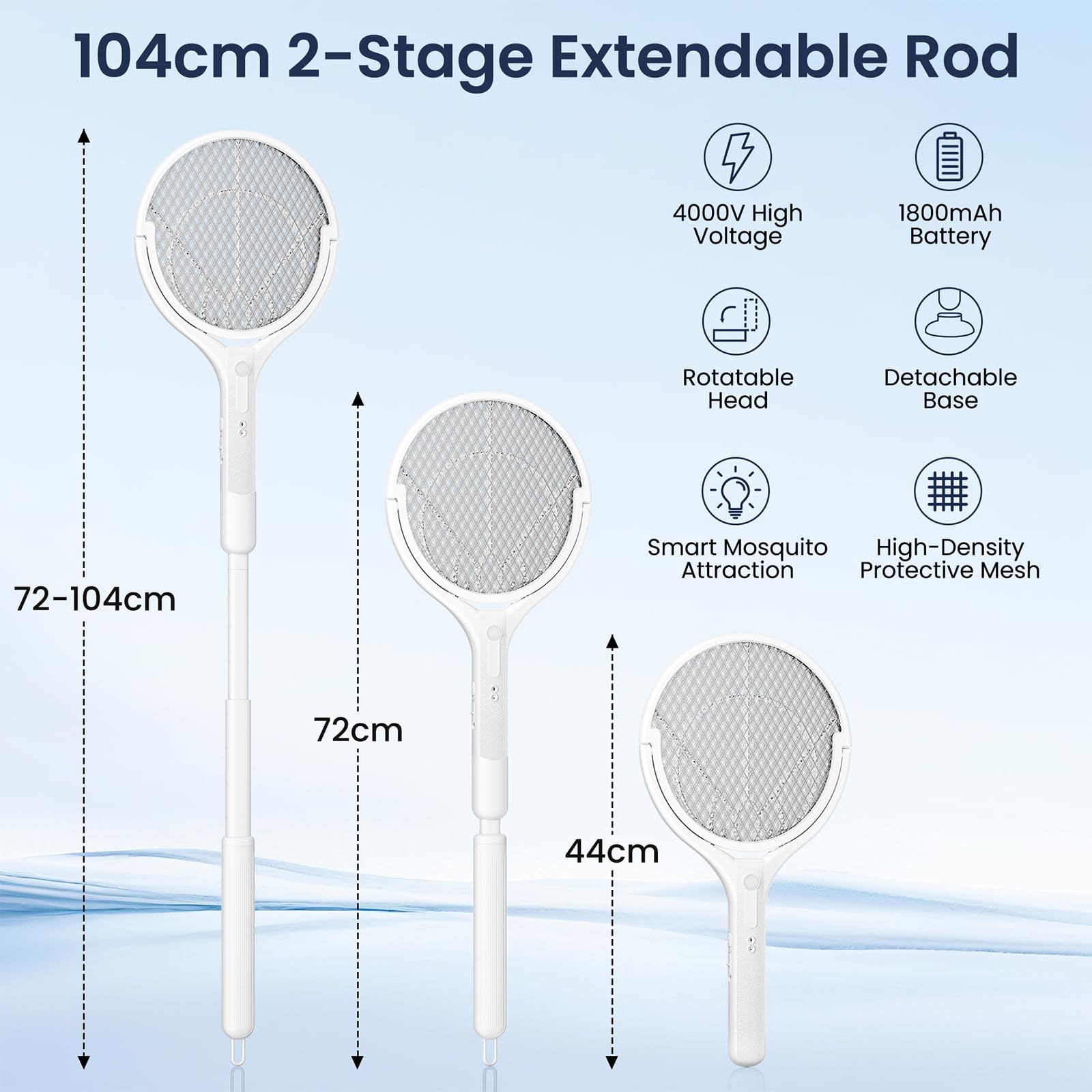 Racchetta Zanzare Elettrica con Asta Telescopica & Testa Rotante, 4000V 1800mAh Racchetta Antizanzare Ricaricabile, Tripla Rete di Protezione, 2 in 1 LED Lampada Zanzare per Interni Esterni
