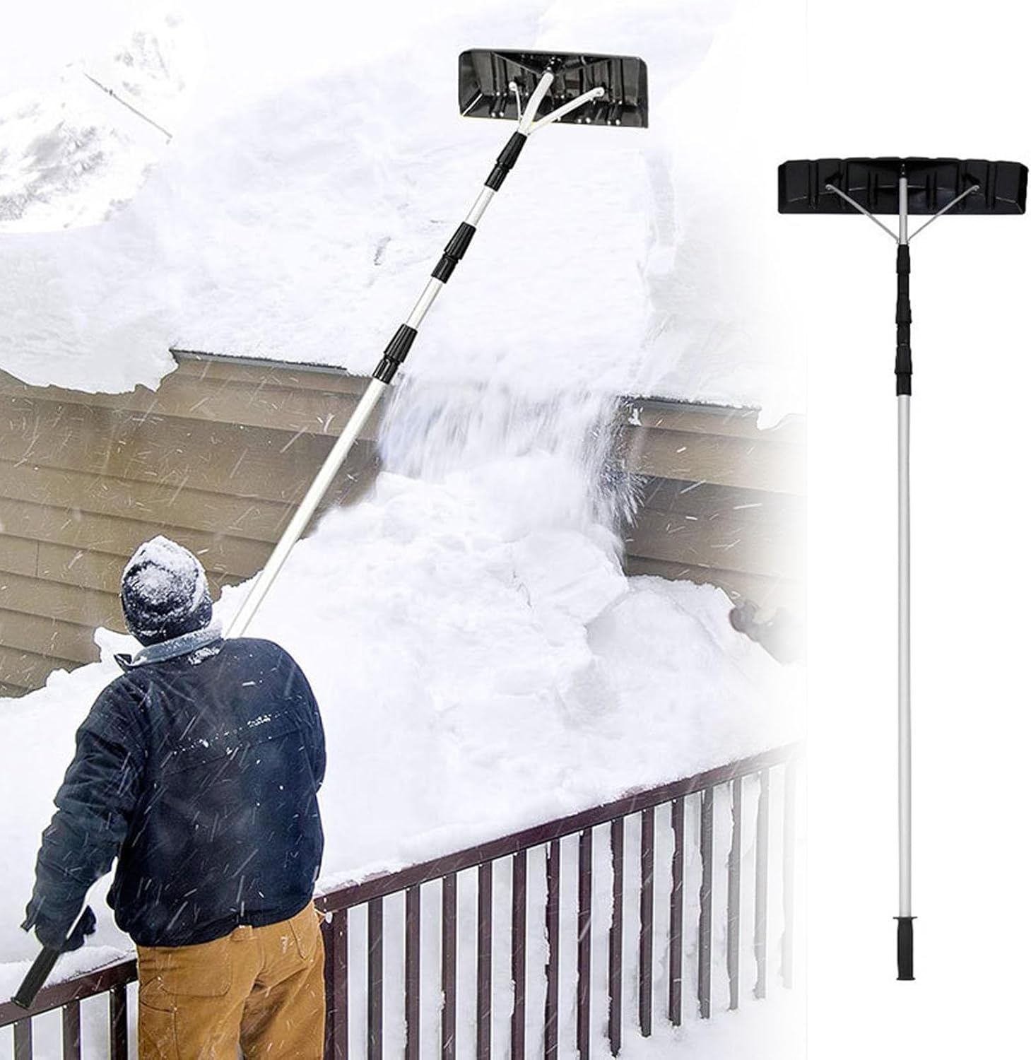 Adjustable Roof Snow Rake 6.2-21 ft, Lightweight Aluminum Snow Removal Tool for Seniors, Portable Snow Shovels for Solar Panels & Porches, Includes Scraper