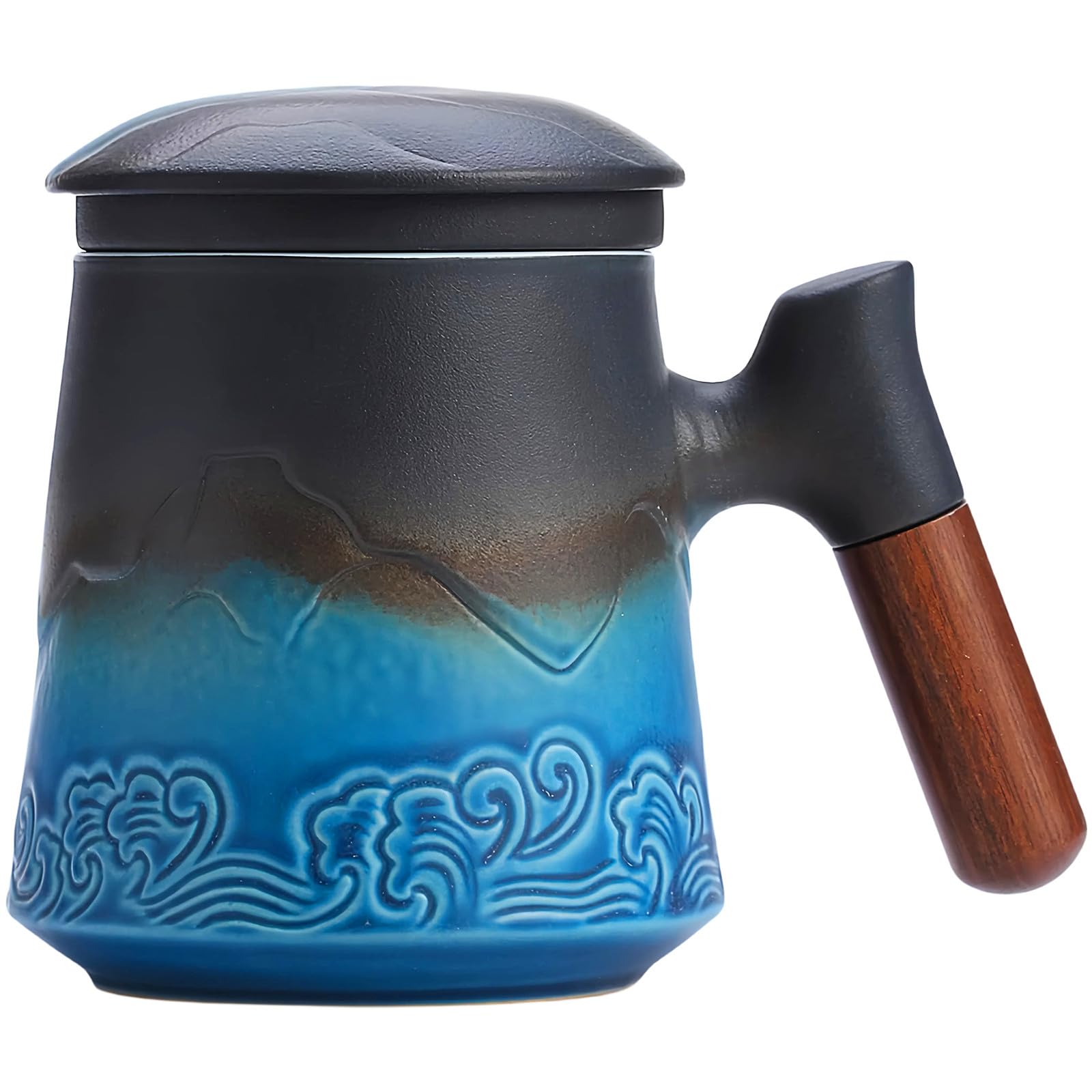 MAXJOY Tea Cup with Infuser and Lid Ceramic Tea Mugs with Wood Handle for Steeping Loose Leaf Tea(13.5Ounce, Classic Gradient Black Blue Glaze)High-end porcelain gifts
