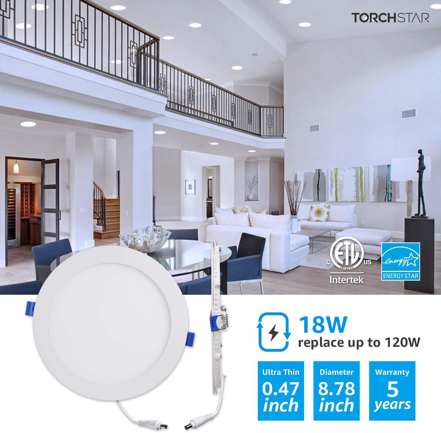 Promo Discount Up To 70% Off TORCHSTAR Basic Series 18W 8 Inch LED Recessed Lighting with Junction Box, 5000K Daylight, 5%-100% Dimmable, ETL and Energy Star Certified, Pack of 6