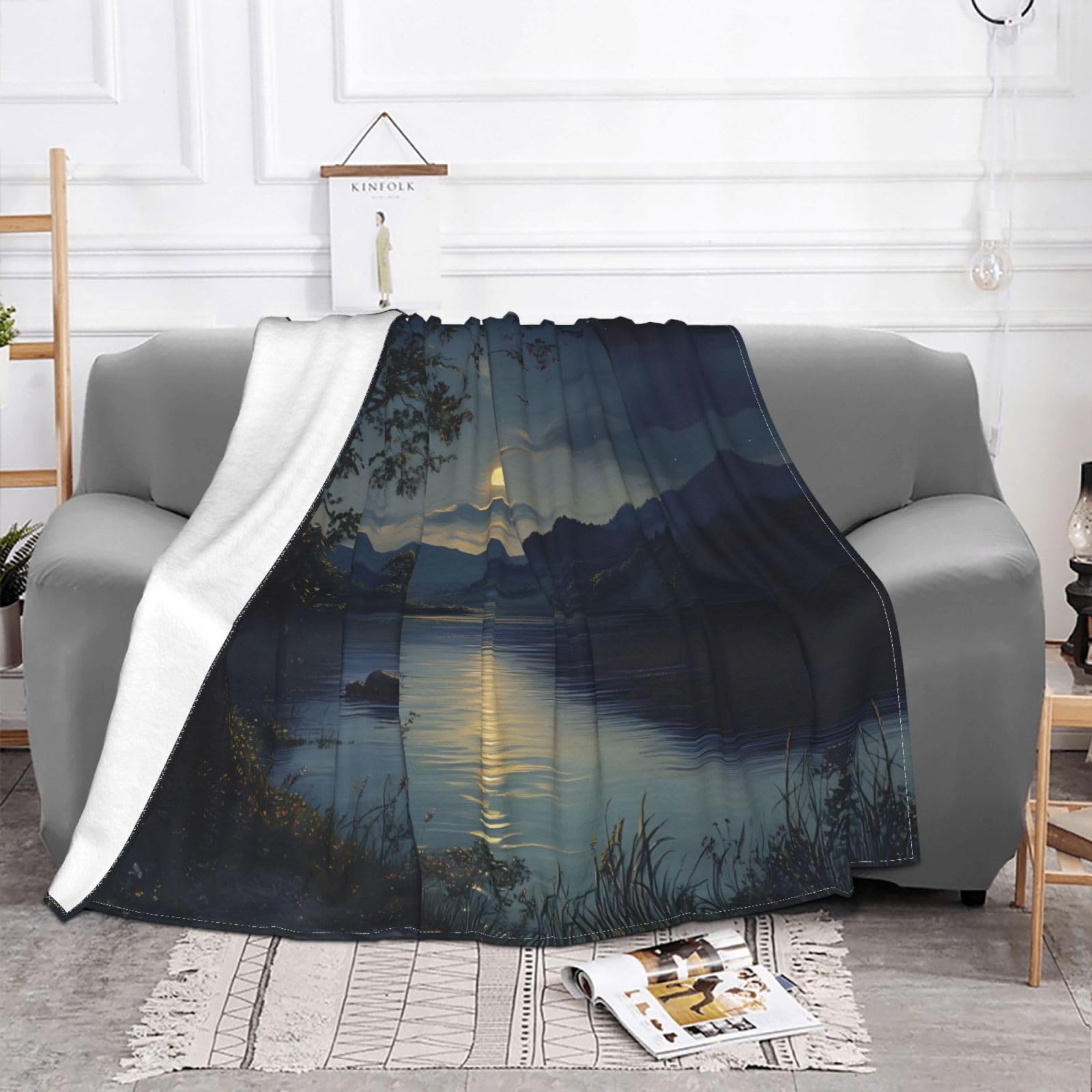 Lakeside at Night - Manta de forro polar suave de 60 x 50 pulgadas, adecuada para sofá, camping, viajes, noche