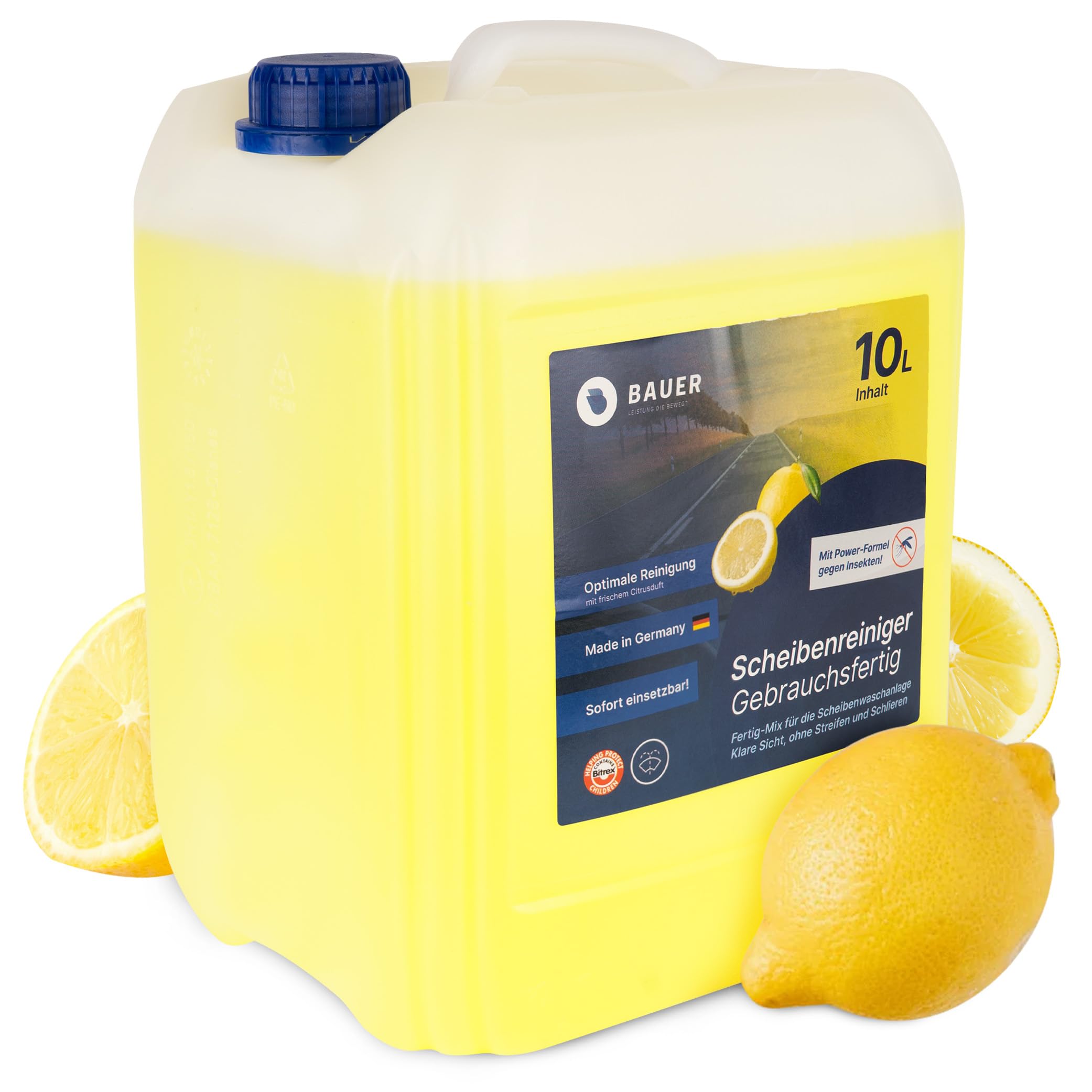 BauerBlue Zitronen Scheibenreiniger 5L gebrauchsfertig für Scheibenwaschanlage, klare Sicht ohne Streifen, gegen Insekten, mit Kalkschutz, sofort einsetzbar, Made in Germany mit frischem Duft.
