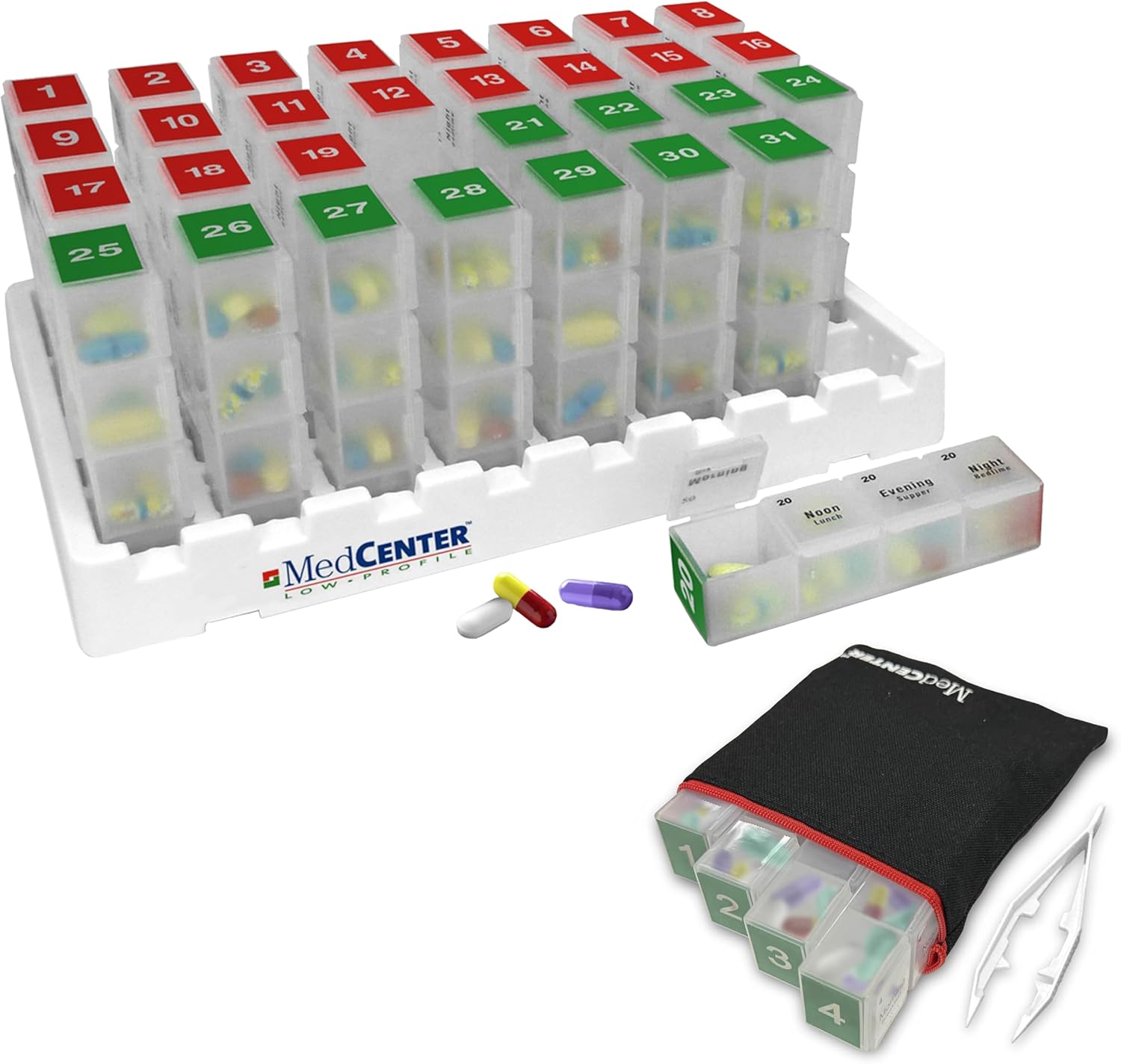 MedCenter 31-Day HSA/FSA Low Profile Pill Organizer with Travel Pouch & Tweezers – Monthly Medication Management System with Daily Labeled Pill Boxes for Home & Travel Use
