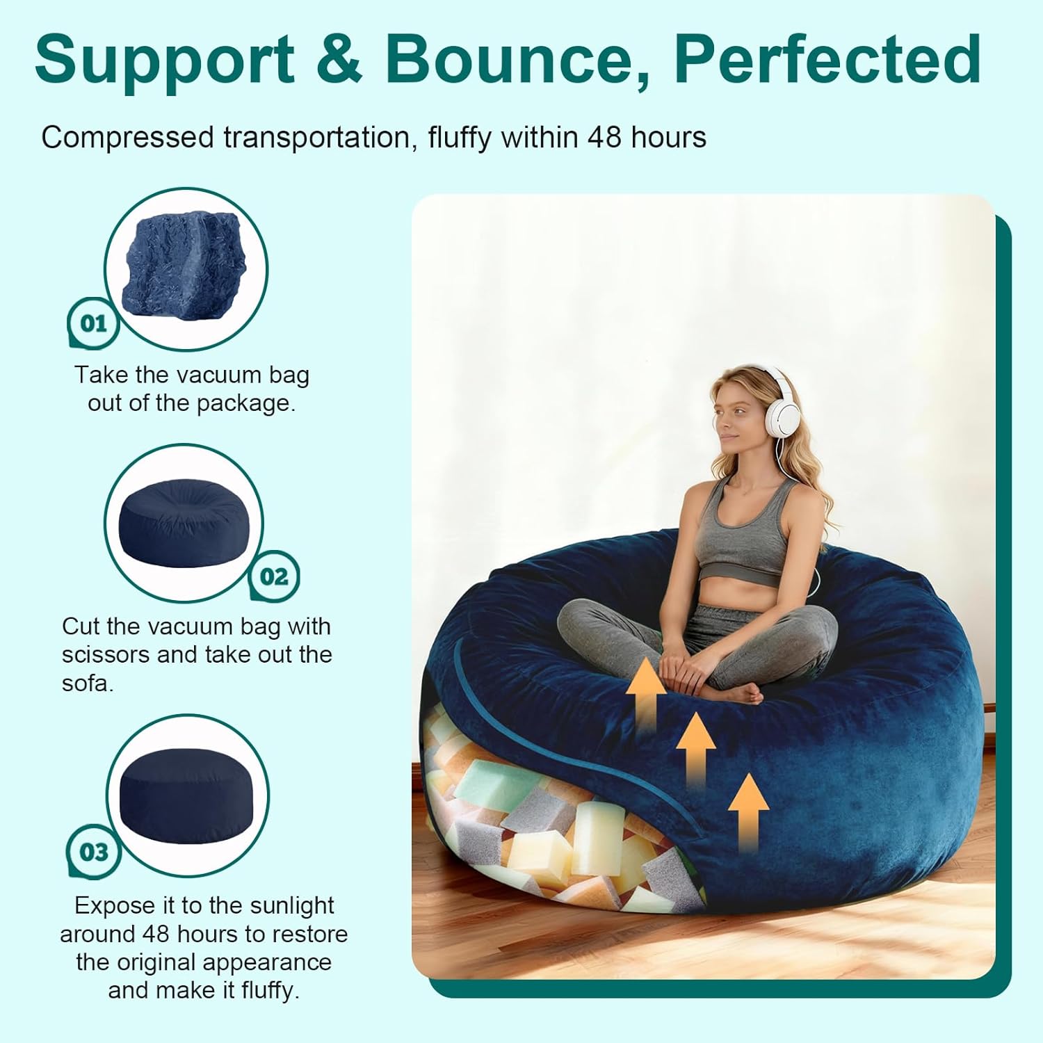 Giant Beanbag Chair 5FT Bean Bag Chairs for Adults with Filler, Reading Chair Cloud Boneless Couches for Living Room Furniture Memory Foam, Lazy Sofa, Comfy Lounge Chairs Indoor for Bedroom Gaming