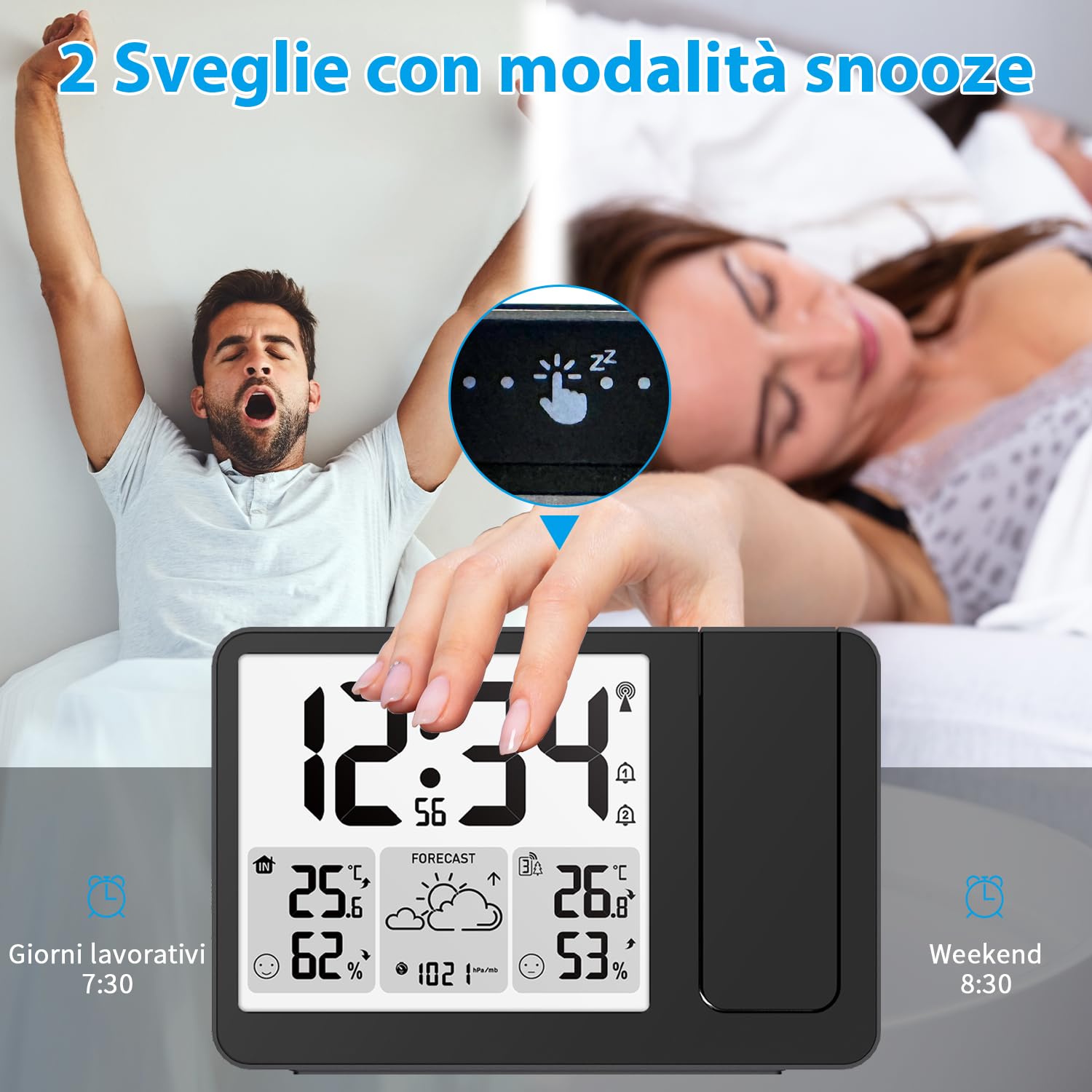 Uzoli EM3539E Sveglia con proiettore soffitto e stazione meteo, Orologio radiocontrollato, Temperatura, Umidità, Previsioni meteo, Livelli di comfort, Proiettore con rotazione a 180°, 1 Sensore