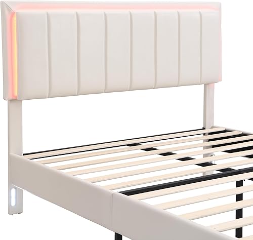 Miniatura 58 de Base de cama flotante tamaño Queen con luces LED y carga USB, marco de cama LED de plataforma tapizada moderna, no necesita somier (blanco-1)