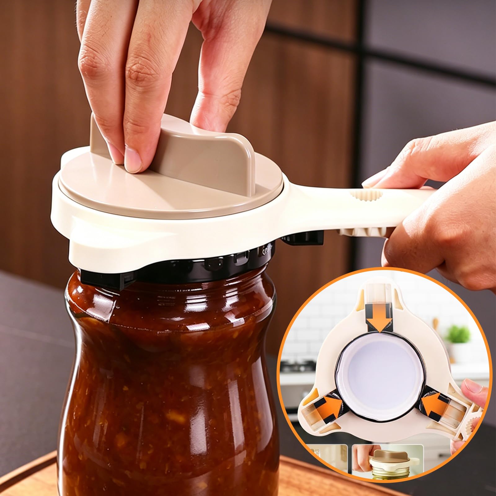 Apribarattoli 4 in 1 Multiuso, Apriscatole Manuale Regolabile con Denti Antiscivolo, Apribarattoli per Anziani con Manico Lungo, Utensile da Cucina Ergonomico per Barattoli e Bottiglie