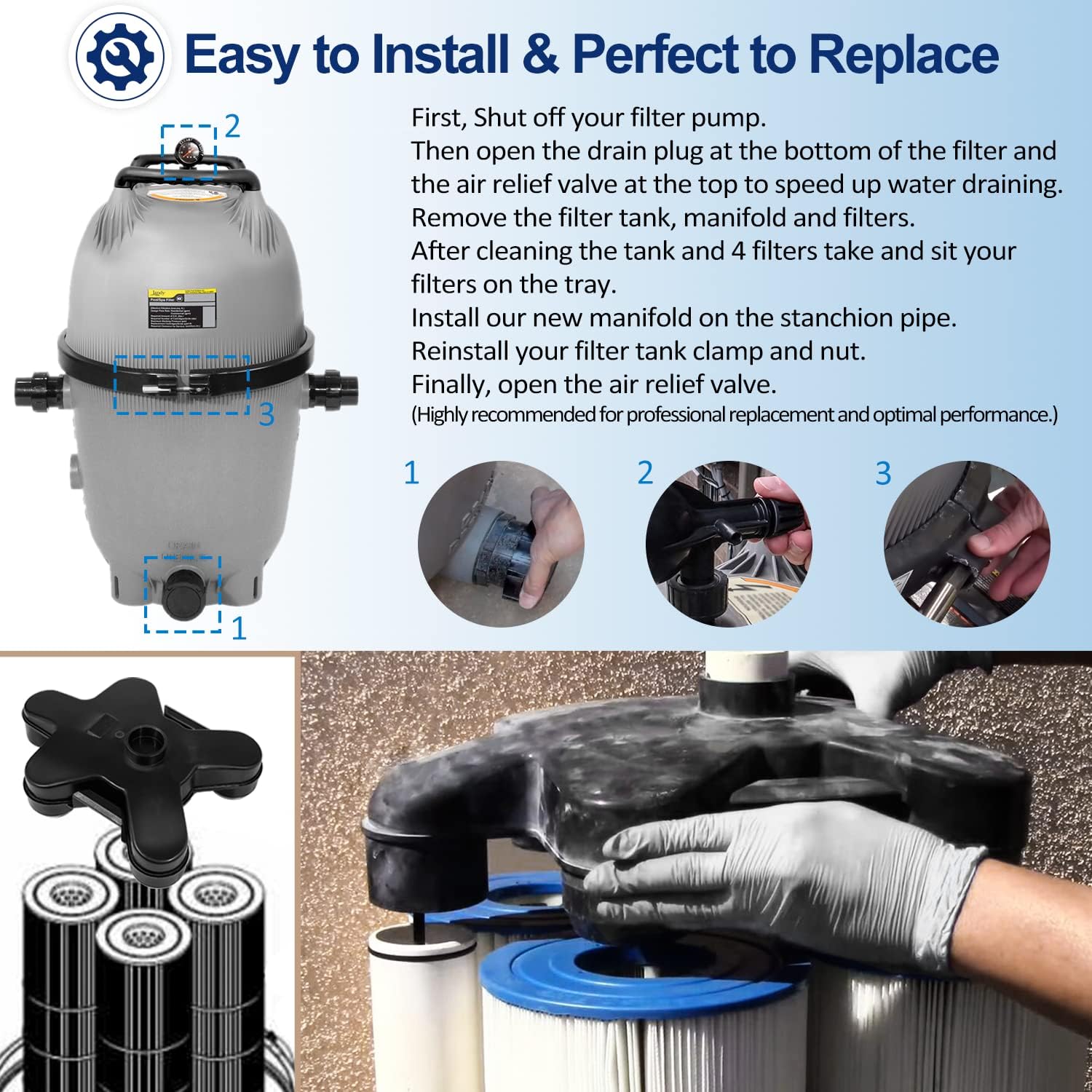 LAIKOU R0357600 Top Manifold Assembly Replacement fit for Zodiac Jandy CV and CL Series Cartridge Pool and Spa Filters Models CV340 CV460 CV580 CL340 CL460 CL580 (Black)