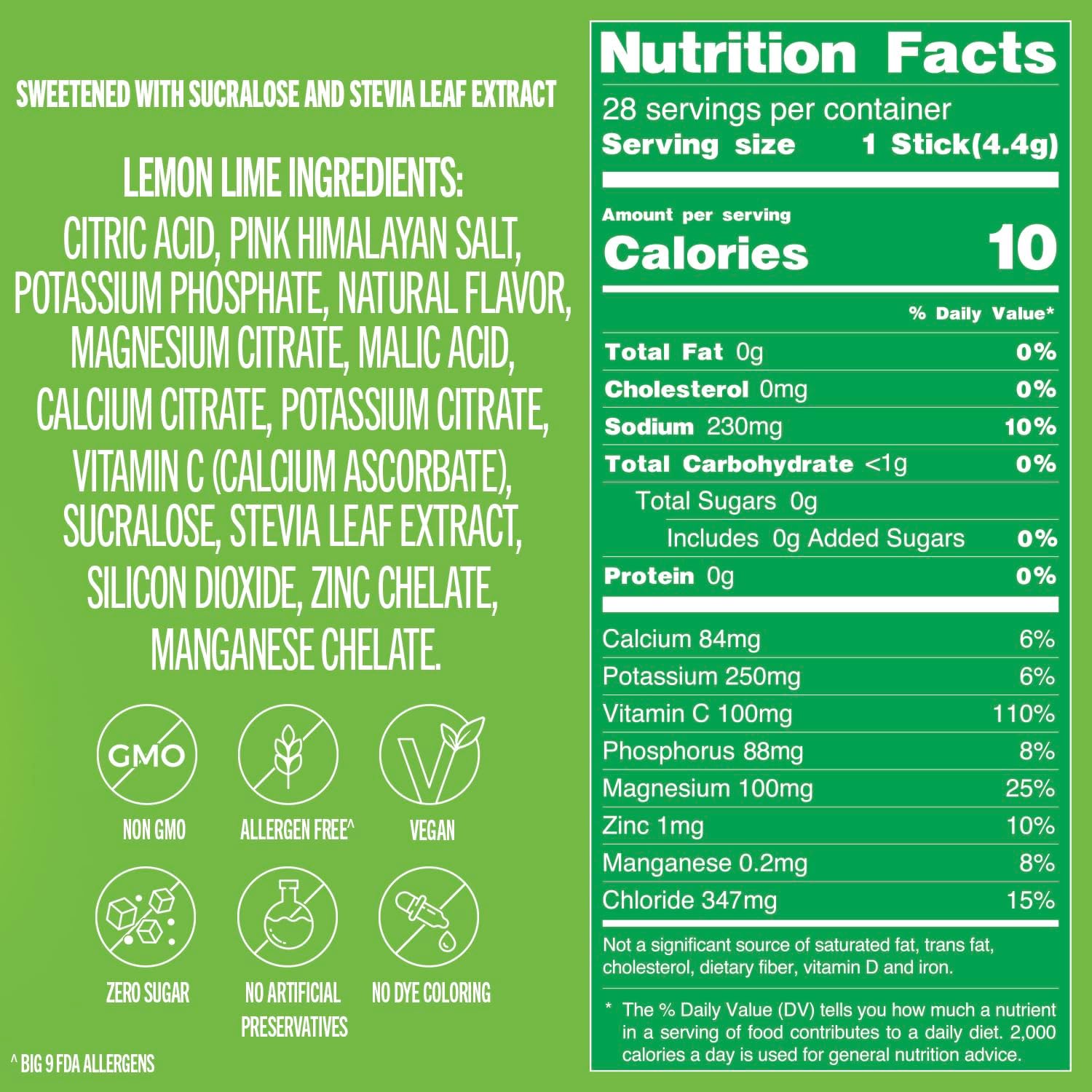 Nutrition Facts label for TREVI Lemon Lime Electrolyte Drink Mix