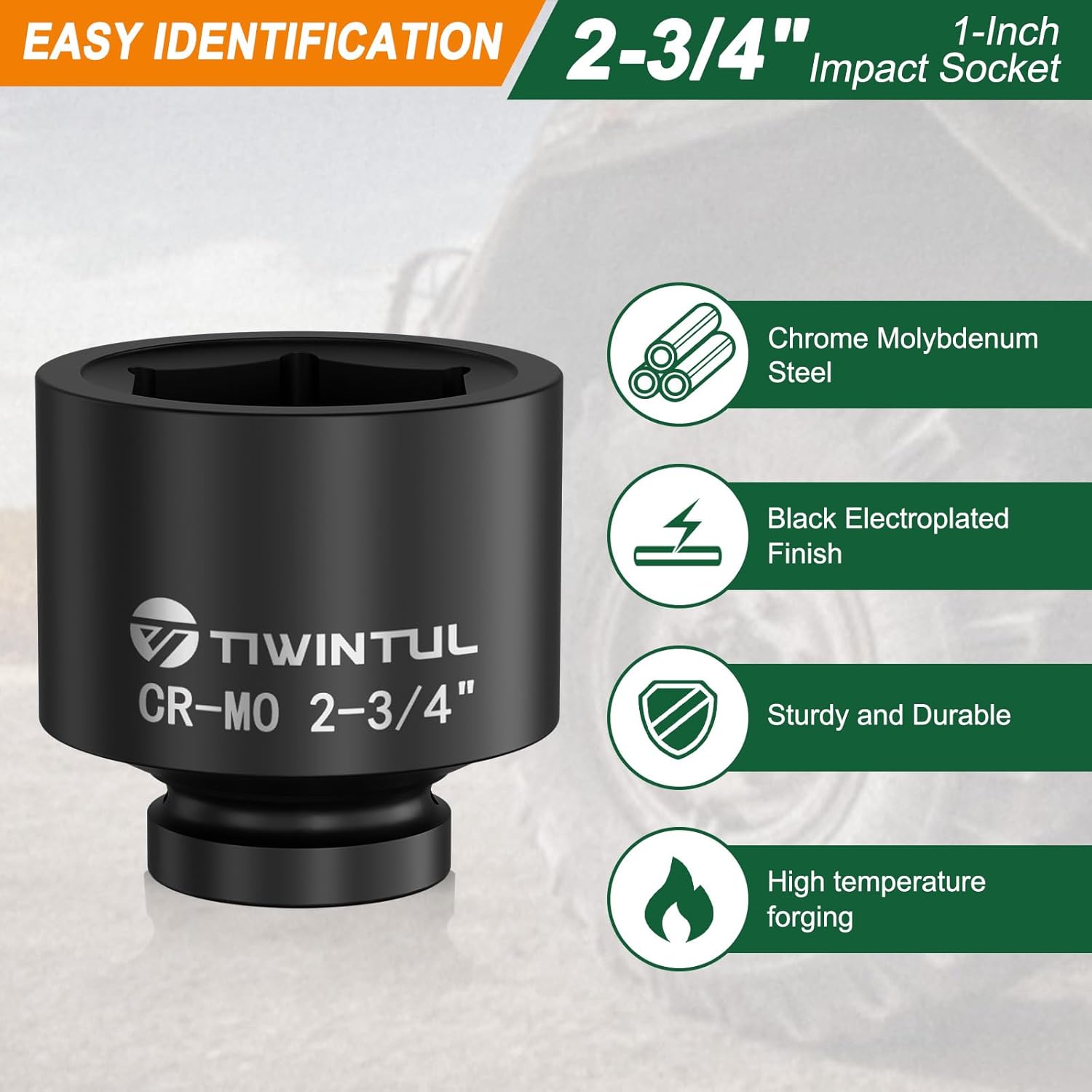 2-3/4" Impact Socket 1" Drive, 6 Point Design, CR-MO, ANSI Certified, Big Jumbo Socket 1 Inch Drive for Mining, Pipeline, Industrial Equipment & Heavy-Duty Maintenance
