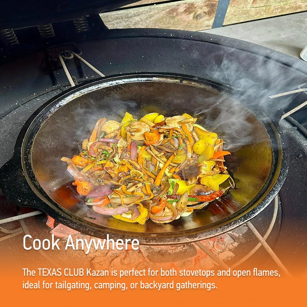Texas Club Żeliwo Kazań 16 L | Garnek żeliwny Uzbecki Kazań z aluminiową pokrywką | Mistrz wagi ciężkiej w kuchni na świeżym powietrzu | Camping Kazań Garnek do gotowania Plov na kuchence ogniowej