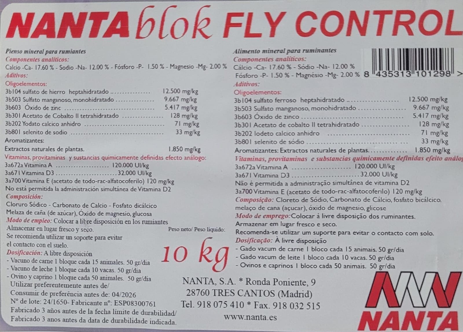 Nanta Block Fly Control 10kg - Nanta. Bloque vitamínico Mineral con Efecto Repelente de Insectos y parásitos externos. Ideal para becerros, Vacas, ovejas y Caballos.
