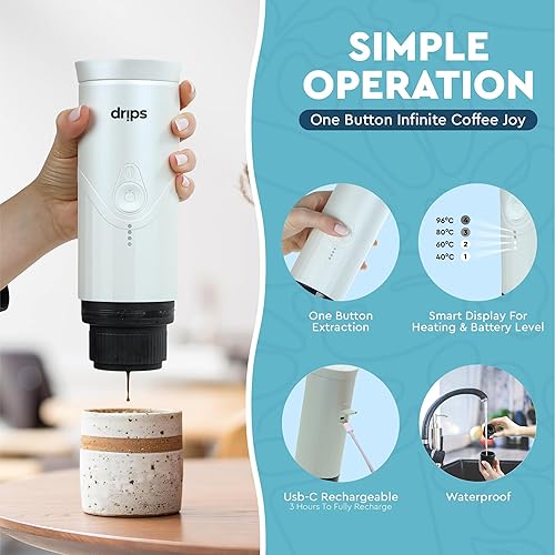 Miniatura 8 de drips Máquina de café espresso eléctrica portátil con autocalentamiento de 3 a 4 minutos, mini cafetera de 20 bares compatible con cápsulas NS y