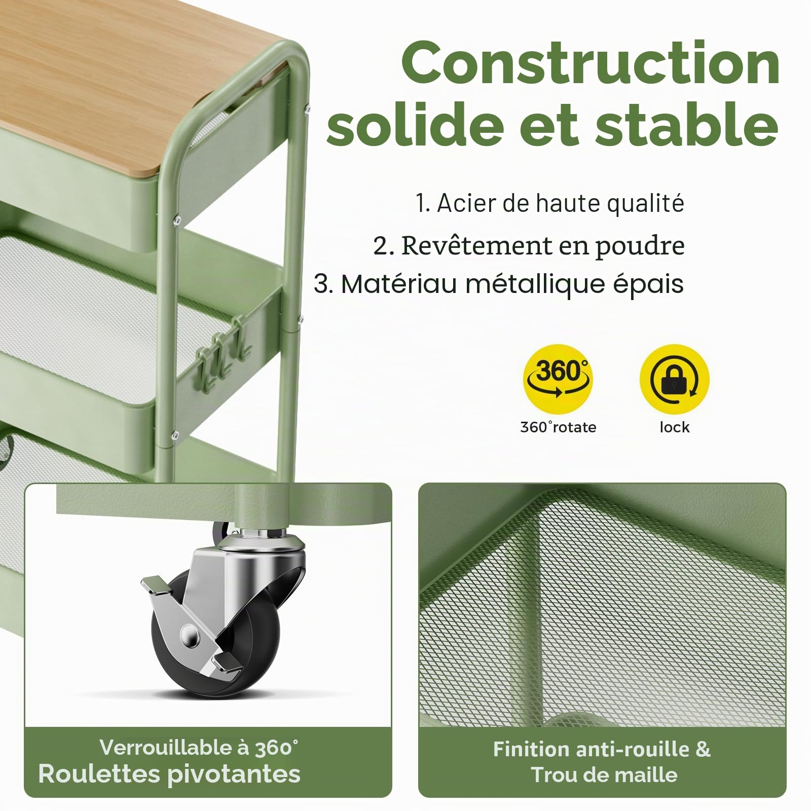 Chariot à 3 Niveaux avec Plateau de Table, Service Polyvalent en Métal, Étagère sur Roues, Organiseur de Cuisine Stable (Vert)