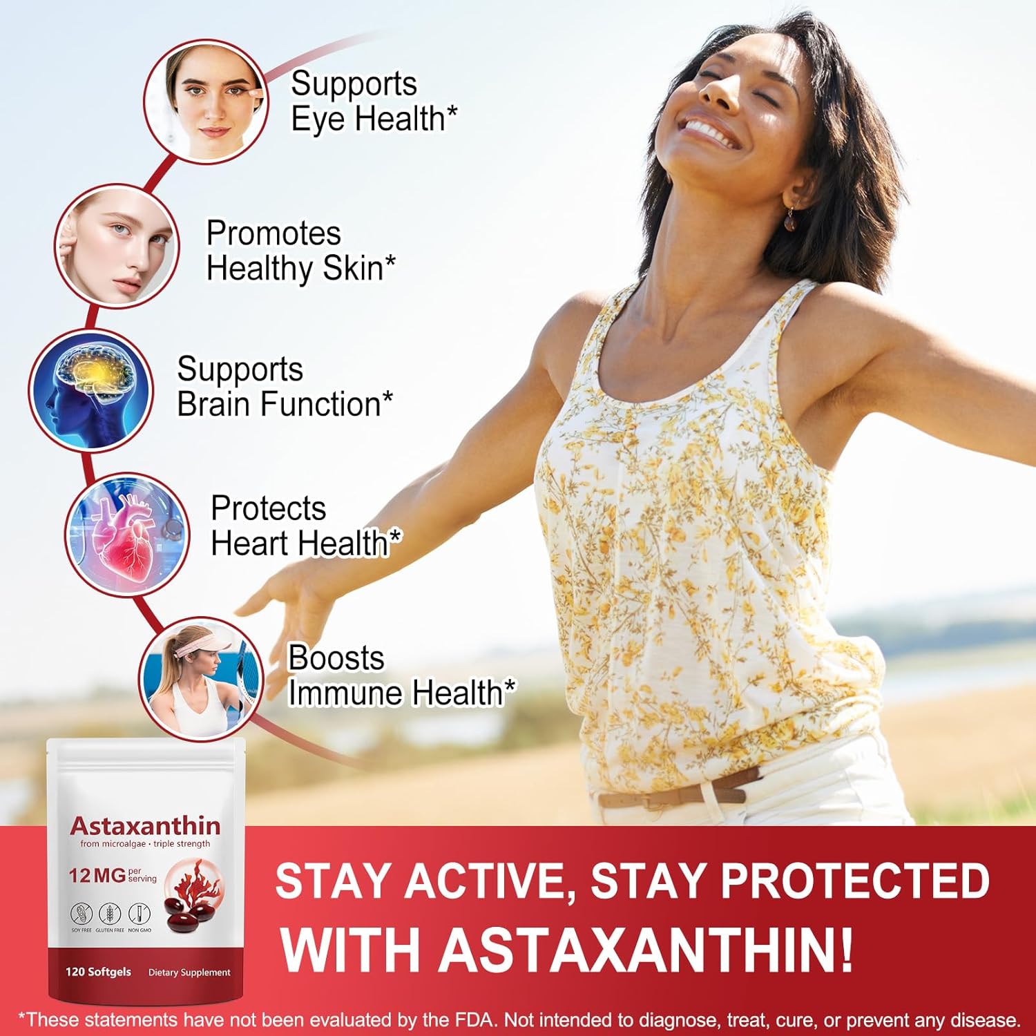 Astaxanthin Supplements 12mg 120 Softgels, Premium Astaxanthin Antioxidant Supplement, Supports Eye, Skin, Joint, Brain, Heart & Immune System Health, Fresh Microalgae Source, Non-GMO & No Gluten - Image 2