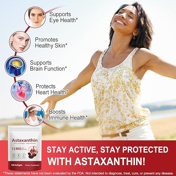 Astaxanthin 12mg, Natural Astaxanthin Supplement, Supports Eye, Skin, Joint, Brain, Heart & Immune System Health, Non-GMO, Gluten Free 120 Count