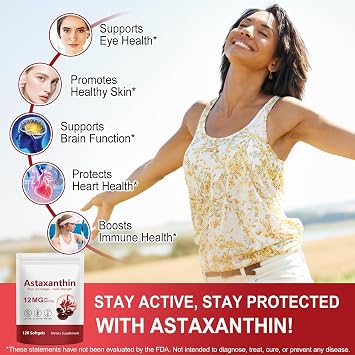 Astaxanthin 12mg, Natural Astaxanthin Supplement, Supports Eye, Skin, Joint, Brain, Heart & Immune System Health, Non-GMO, Gluten Free 120 Count