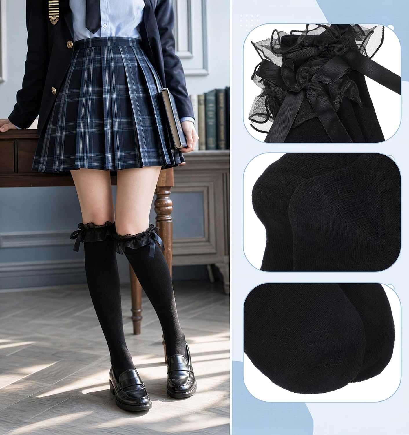 Knee High Socks with Bows, Black Cotton Knee High Socks with Bow Decor, Soft Breathable Skin-Friendly Stockings, Lolita Cosplay Daily Wear School Outfit Accessory