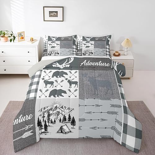 Juego de ropa de cama de cuernos de ciervo para niños, juego de edredón de retazos a cuadros rústico de búfalo tamaño completo para niños