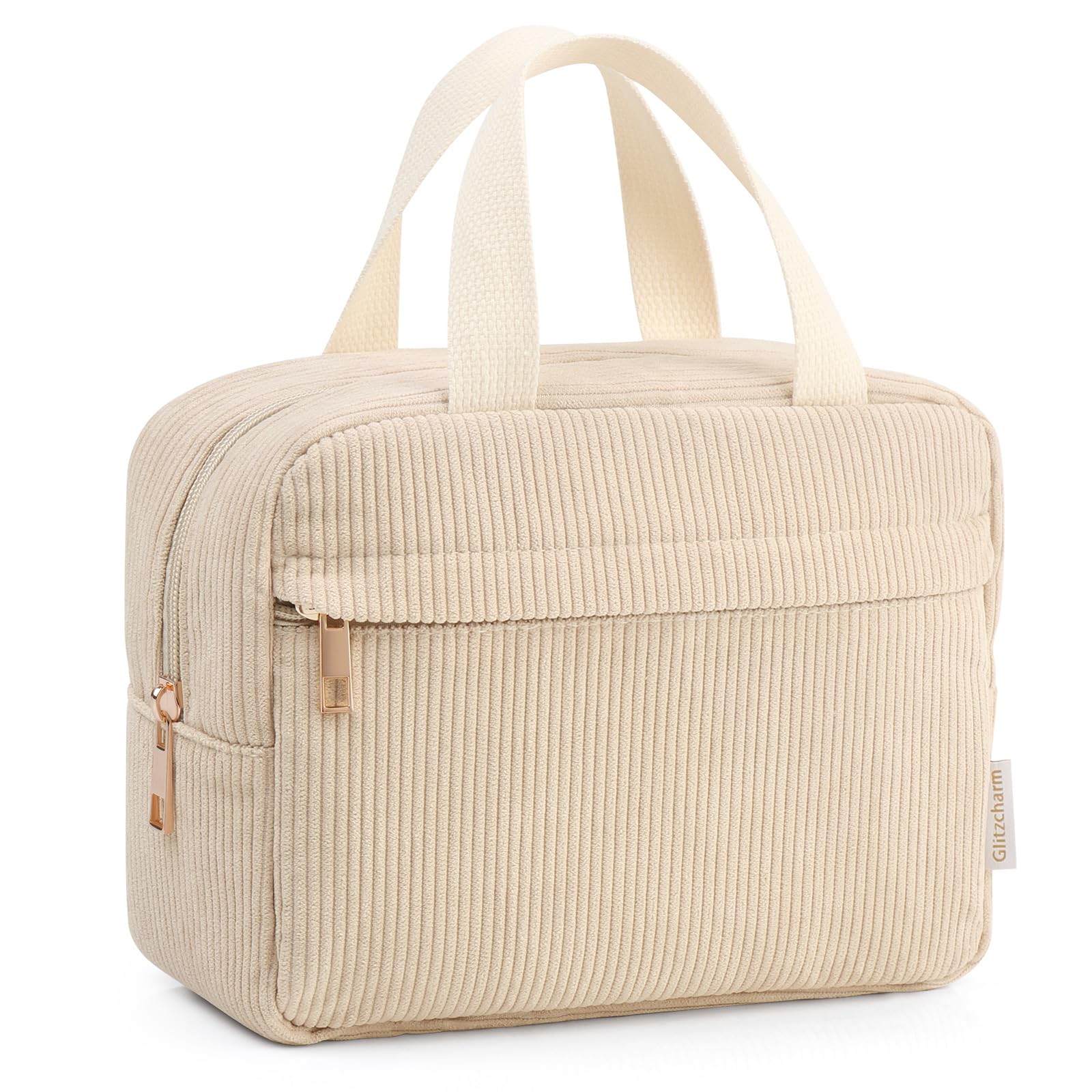 Glitzcharm Makeup Bag Corduroy Makeup Bags for Girls Women Large Makeup Pouch with Metal Zipper Cosmetic Bag for Travelling Preppy Stuff(Beige)